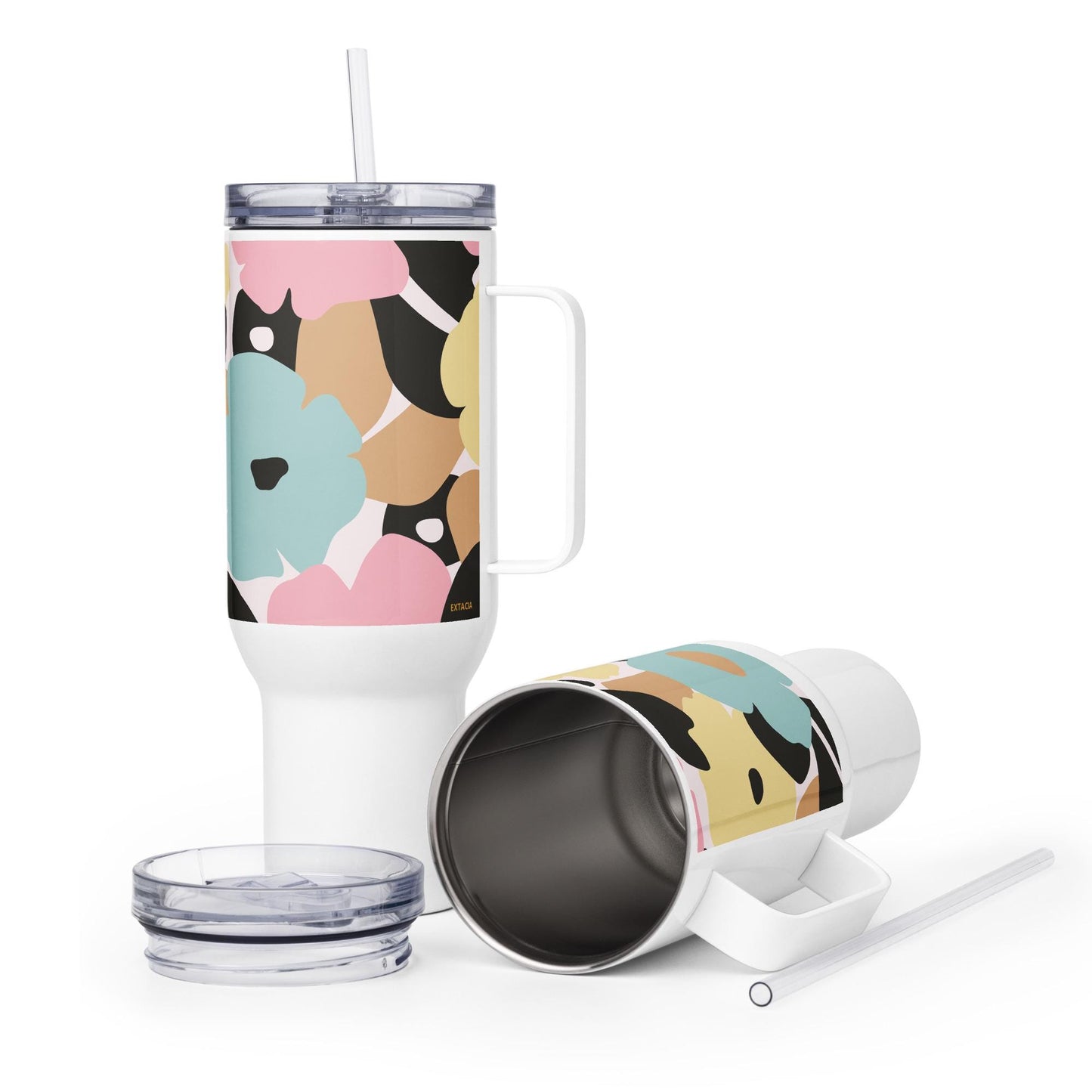 Mug isotherme inox avec anse – fleuri pastel, nature minimaliste – finition acier inoxydable motif floral moderne