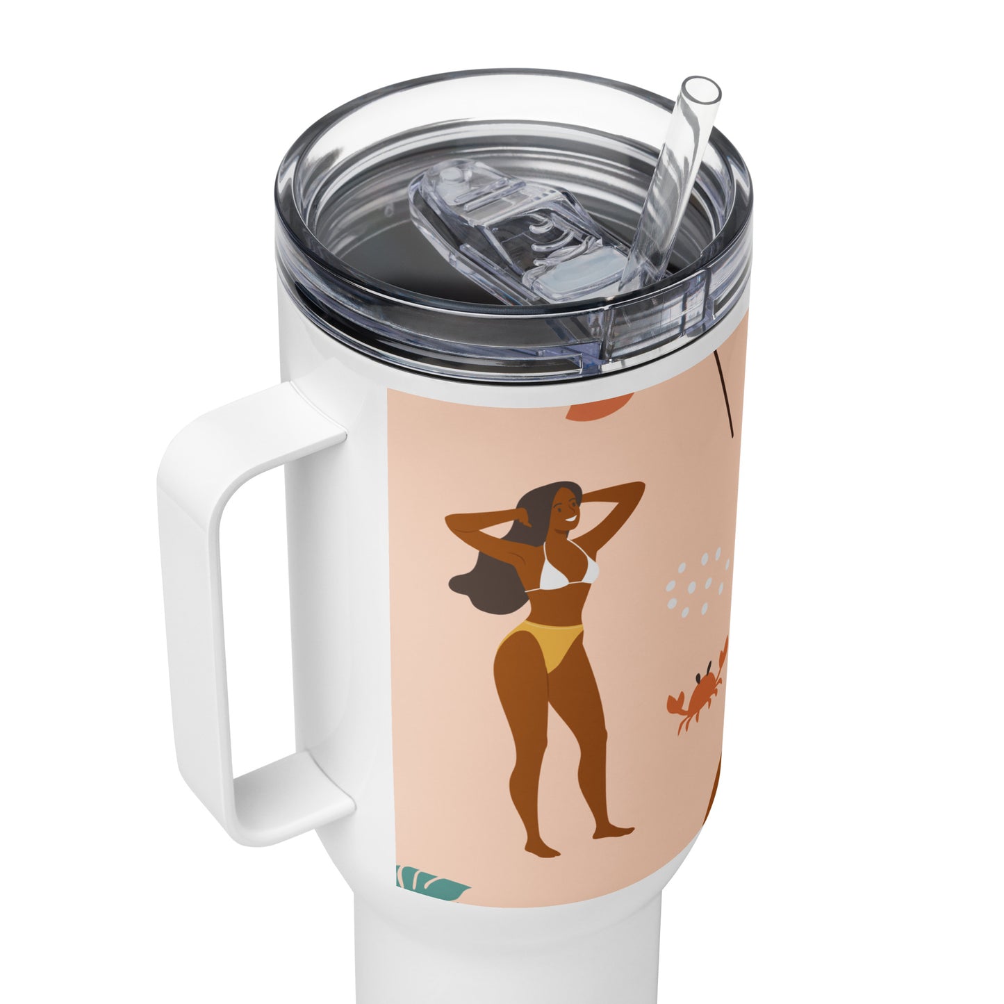 Mug isotherme inox avec anse – saumon imprimé, femmes du monde minimaliste  - Zoom couvercle et bord – Détail intérieur et paroi 