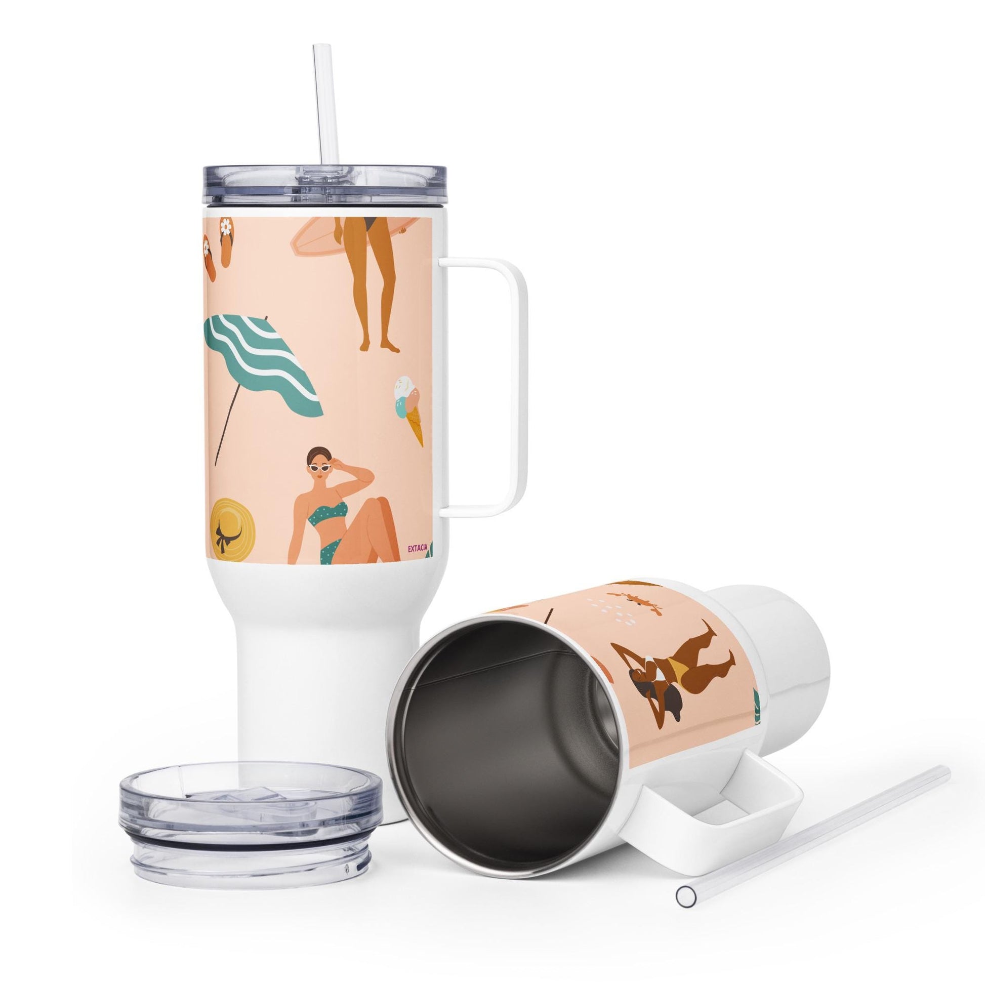 Mug isotherme inox avec anse – saumon imprimé, femmes du monde minimaliste - finition acier inoxydable motif floral moderne