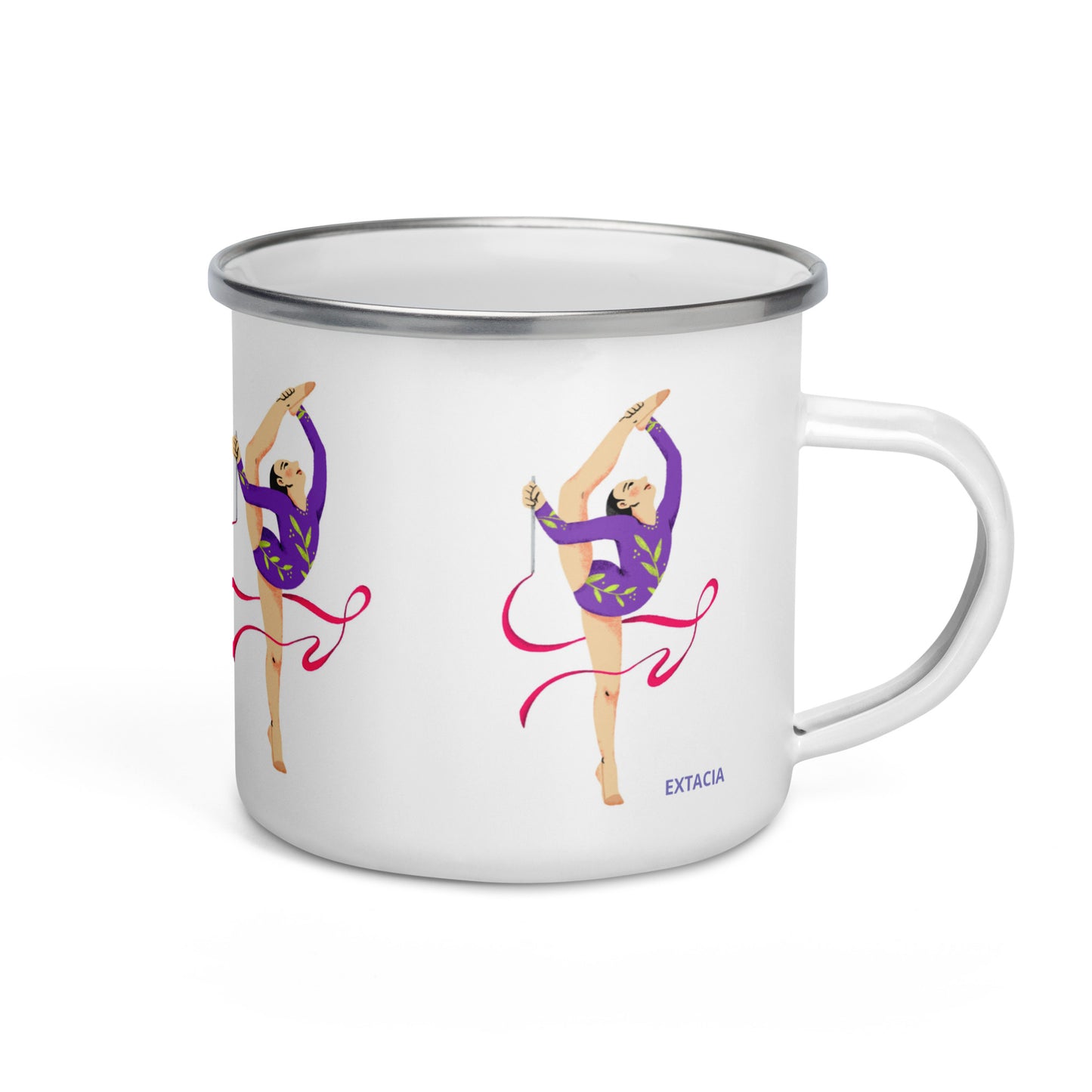 extaciafrance - Mug émaillé – Blanc – Format 12 oz, design pour camping & cuisine – Motif: Gymnaste au Ruban Rouge - branding white background middle cup  side