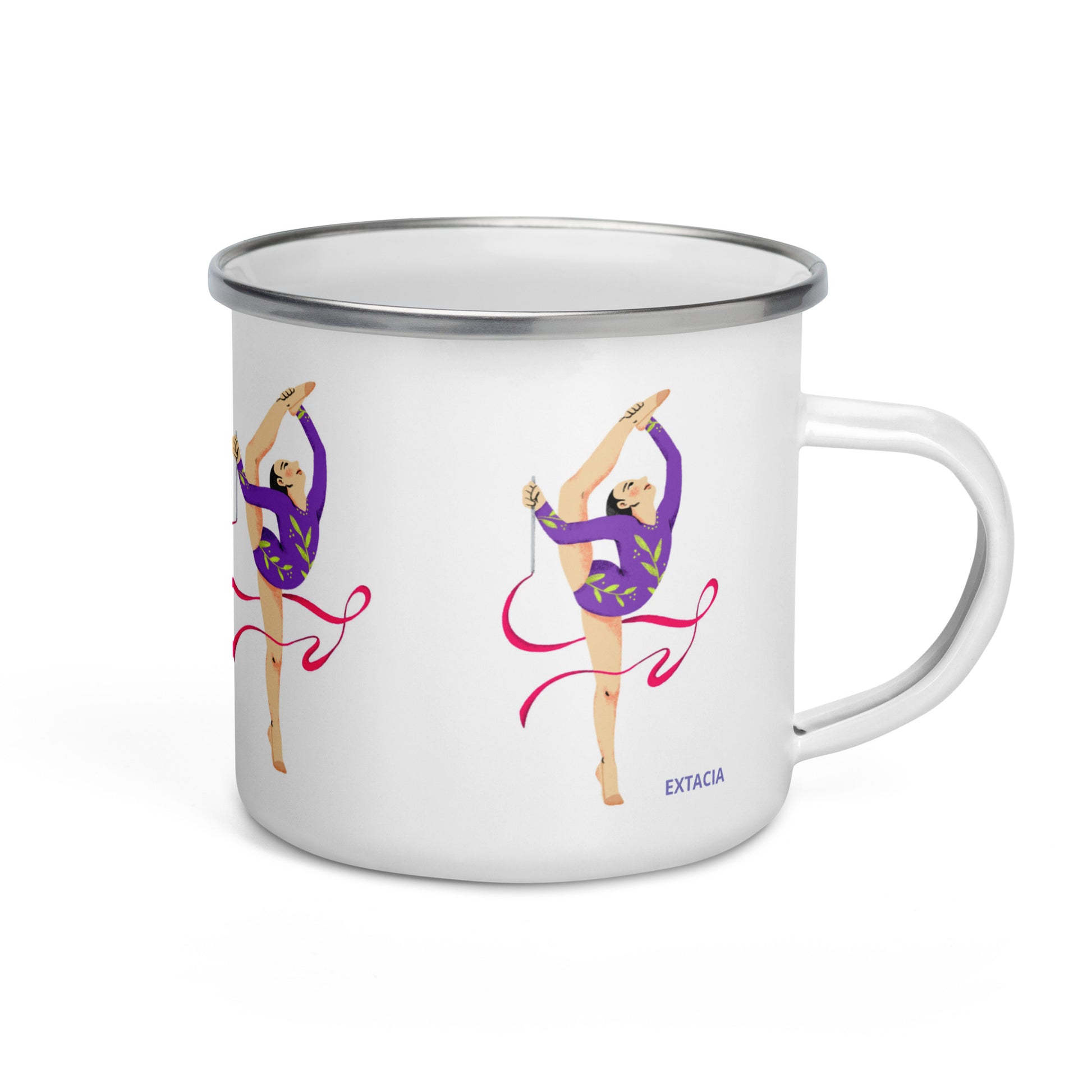 extaciafrance - Mug émaillé – Blanc – Format 12 oz, design pour camping & cuisine – Motif: Gymnaste au Ruban Rouge - branding white background middle cup  side