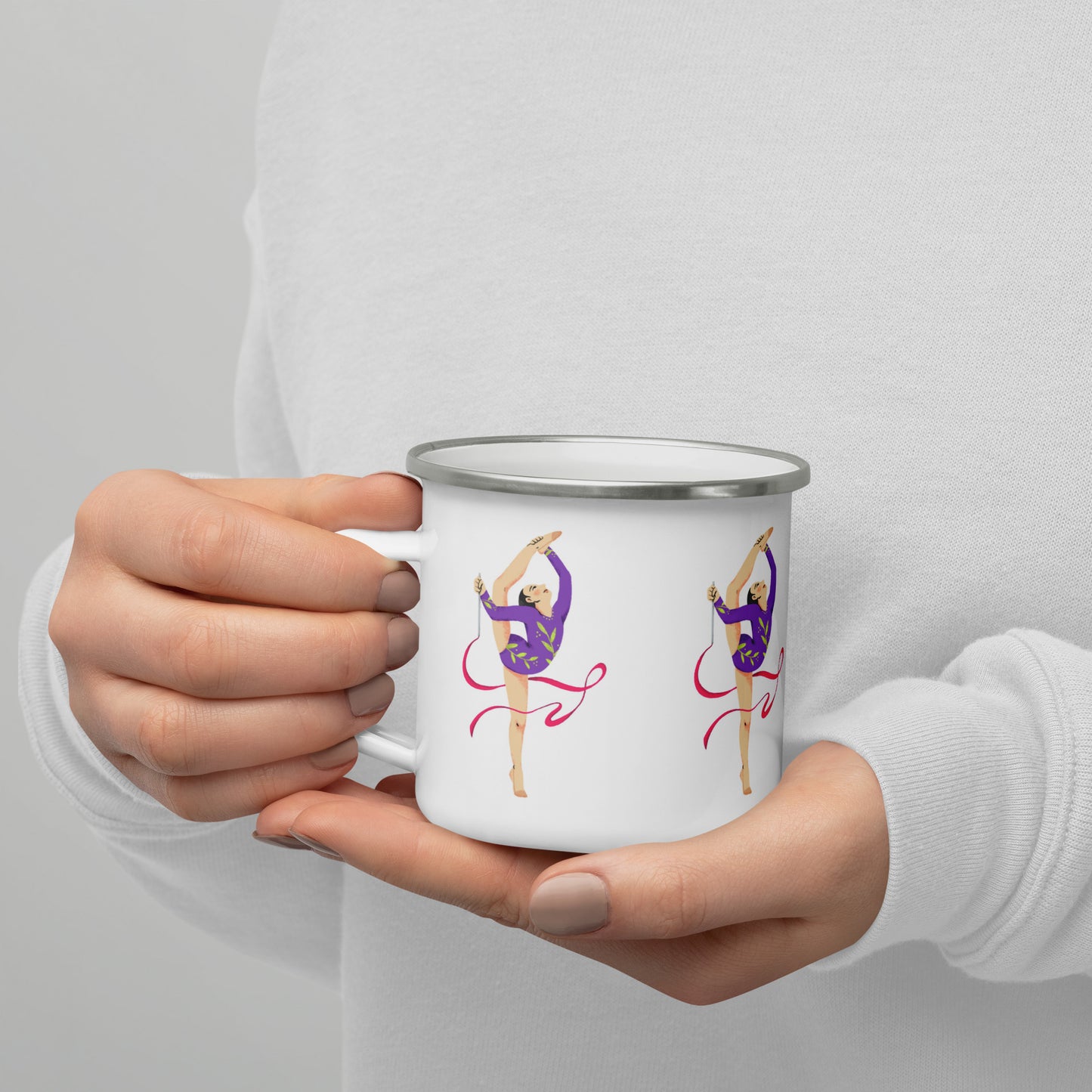 extaciafrance - Mug émaillé – Blanc – Format 12 oz, design pour camping & cuisine – Motif: Gymnaste au Ruban Rouge - on hand