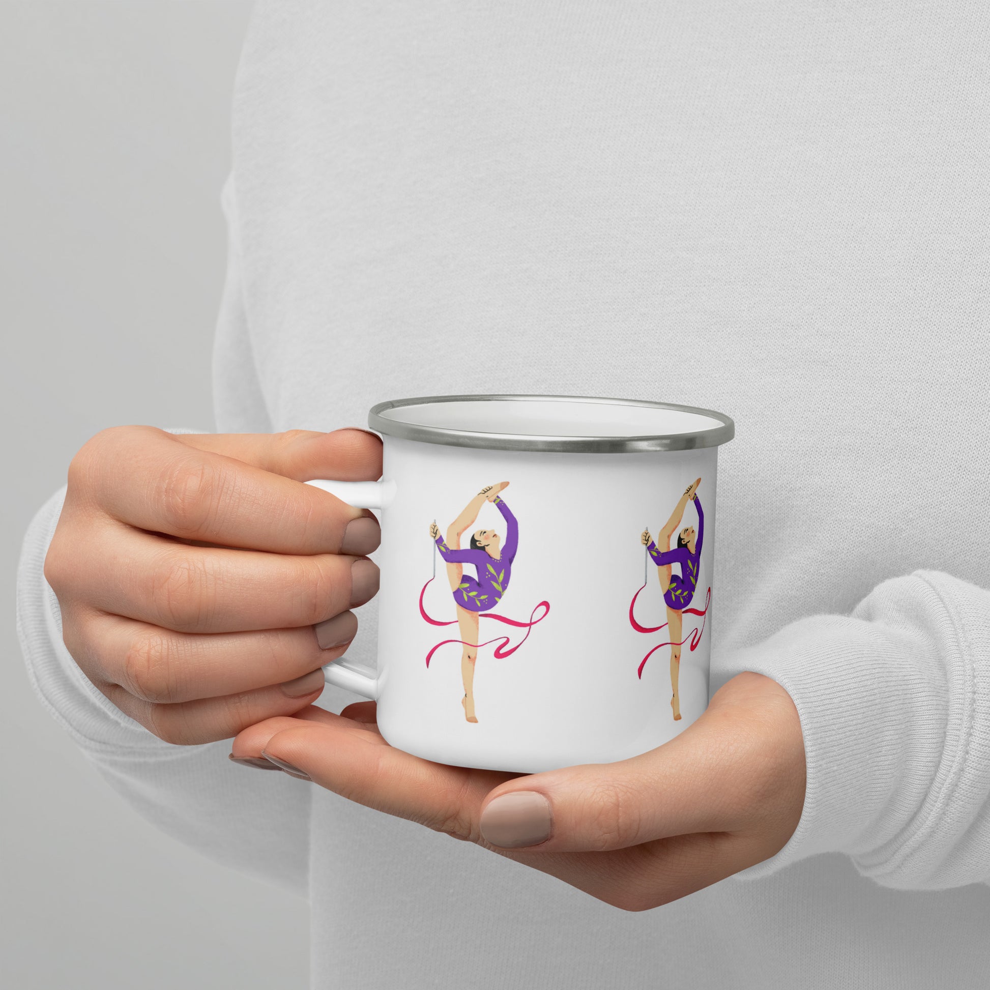 extaciafrance - Mug émaillé – Blanc – Format 12 oz, design pour camping & cuisine – Motif: Gymnaste au Ruban Rouge - on hand