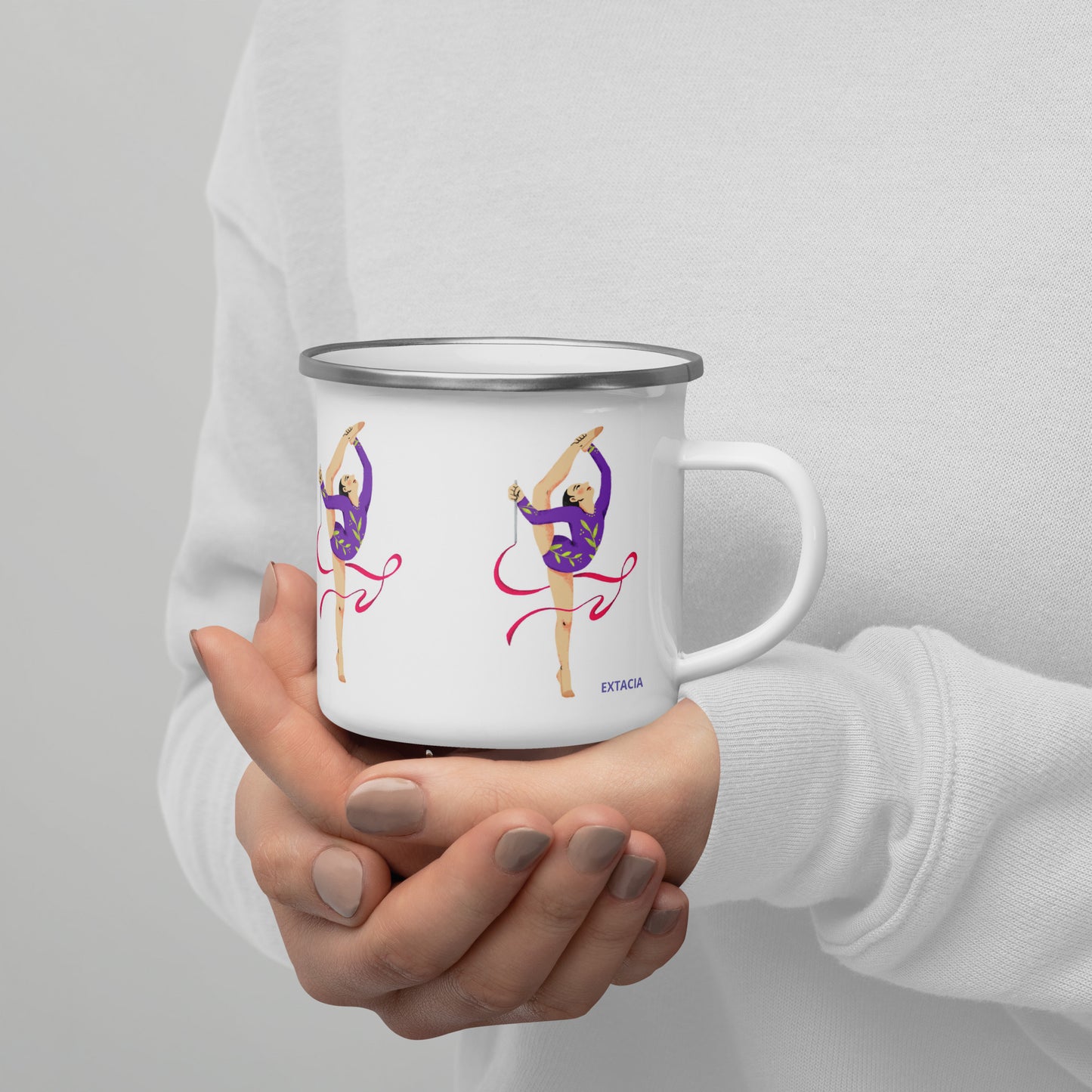extaciafrance - Mug émaillé – Blanc – Format 12 oz, design pour camping & cuisine – Motif: Gymnaste au Ruban Rouge - on hand branding side