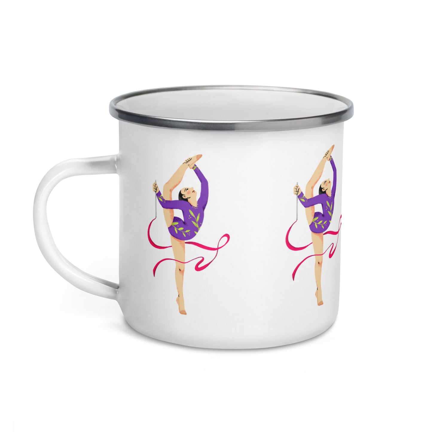 extaciafrance - Mug émaillé – Blanc – Format 12 oz, design pour camping & cuisine – Motif: Gymnaste au Ruban Rouge - whhite background left side