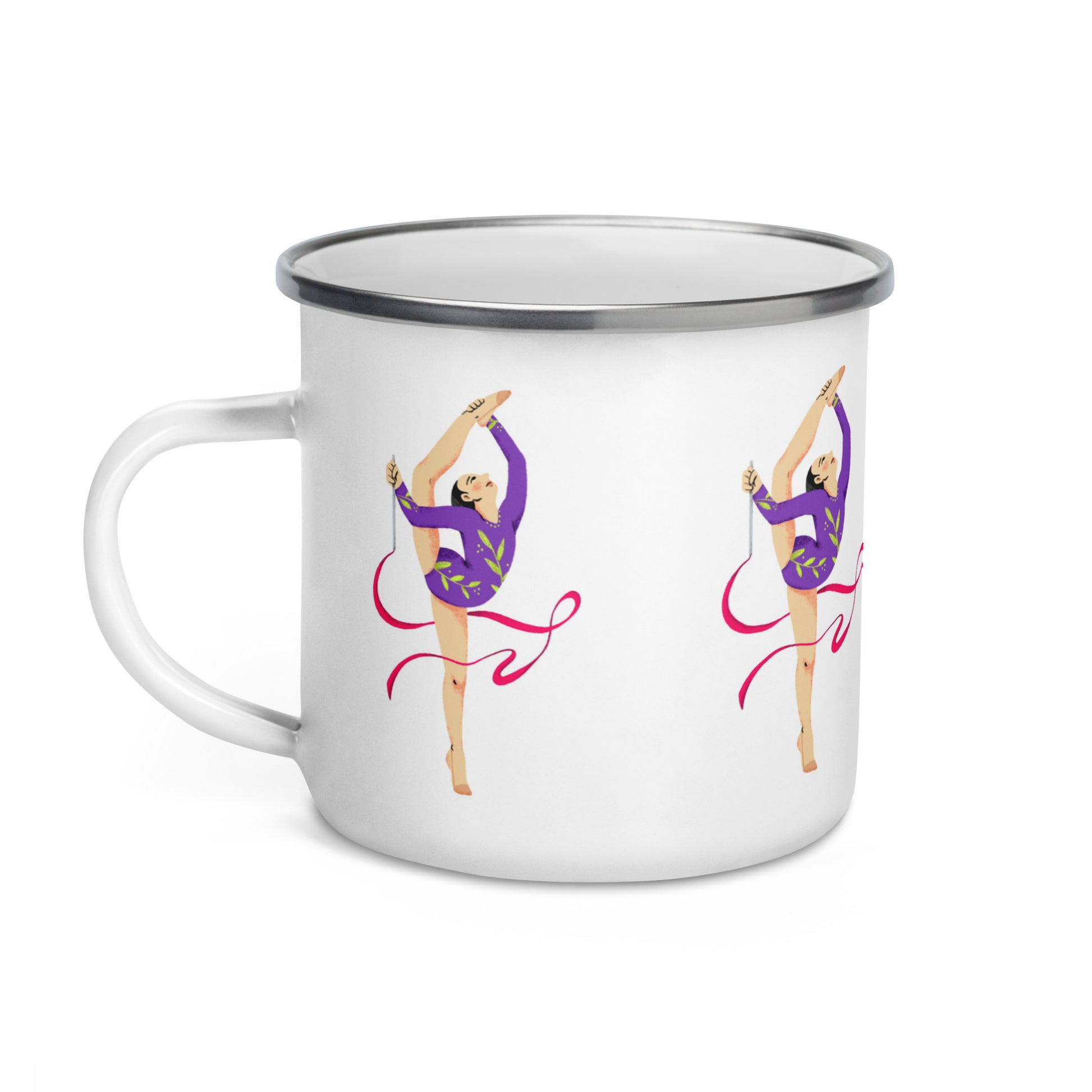 extaciafrance - Mug émaillé – Blanc – Format 12 oz, design pour camping & cuisine – Motif: Gymnaste au Ruban Rouge - whhite background left side
