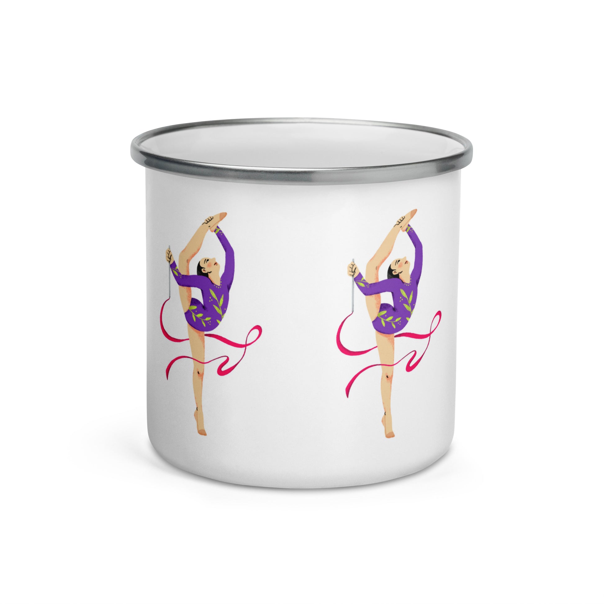 extaciafrance - Mug émaillé – Blanc – Format 12 oz, design pour camping & cuisine – Motif: Gymnaste au Ruban Rouge - whhite background middle cup  side