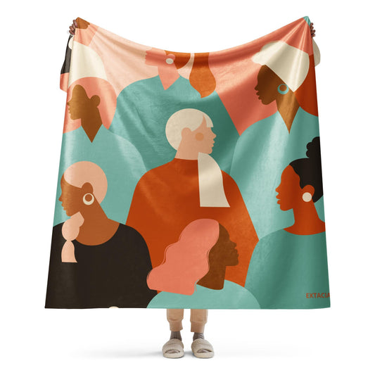 Plaid Sherpa ultra-doux double face - pastel orange turquoise - motif femmes du  monde  minimaliste – face microfibre & verso Sherpa, grande douceur