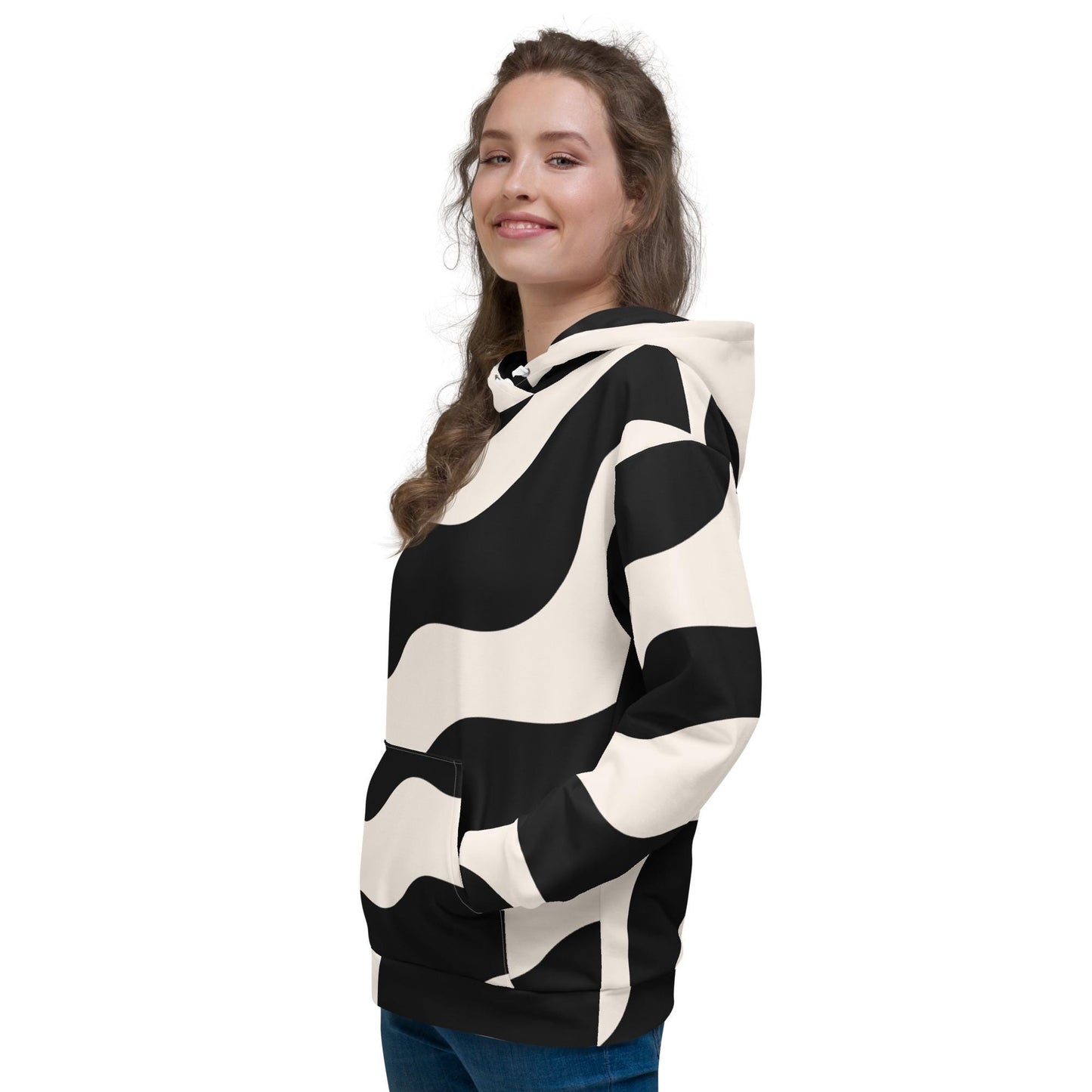 Poche kangourou & cordons, usage quotidien - femme - beige et noir - graphique minimaliste