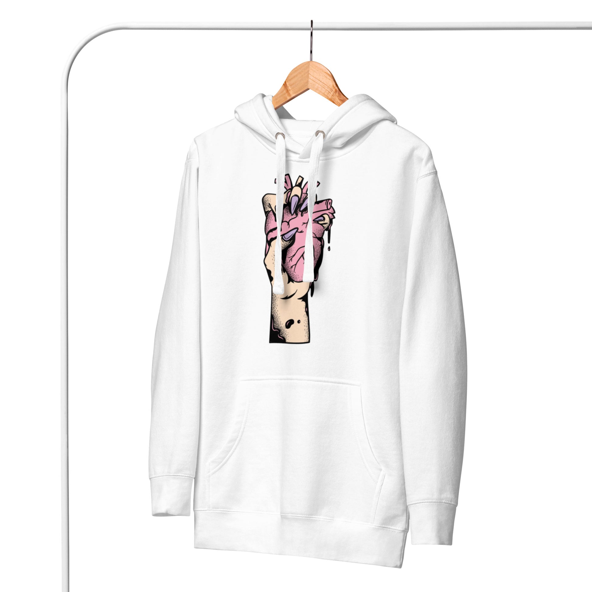 Poche kangourou et cordons, sweat {couleur}, usage urbain - blanc – Coeur déjà pris, rose 