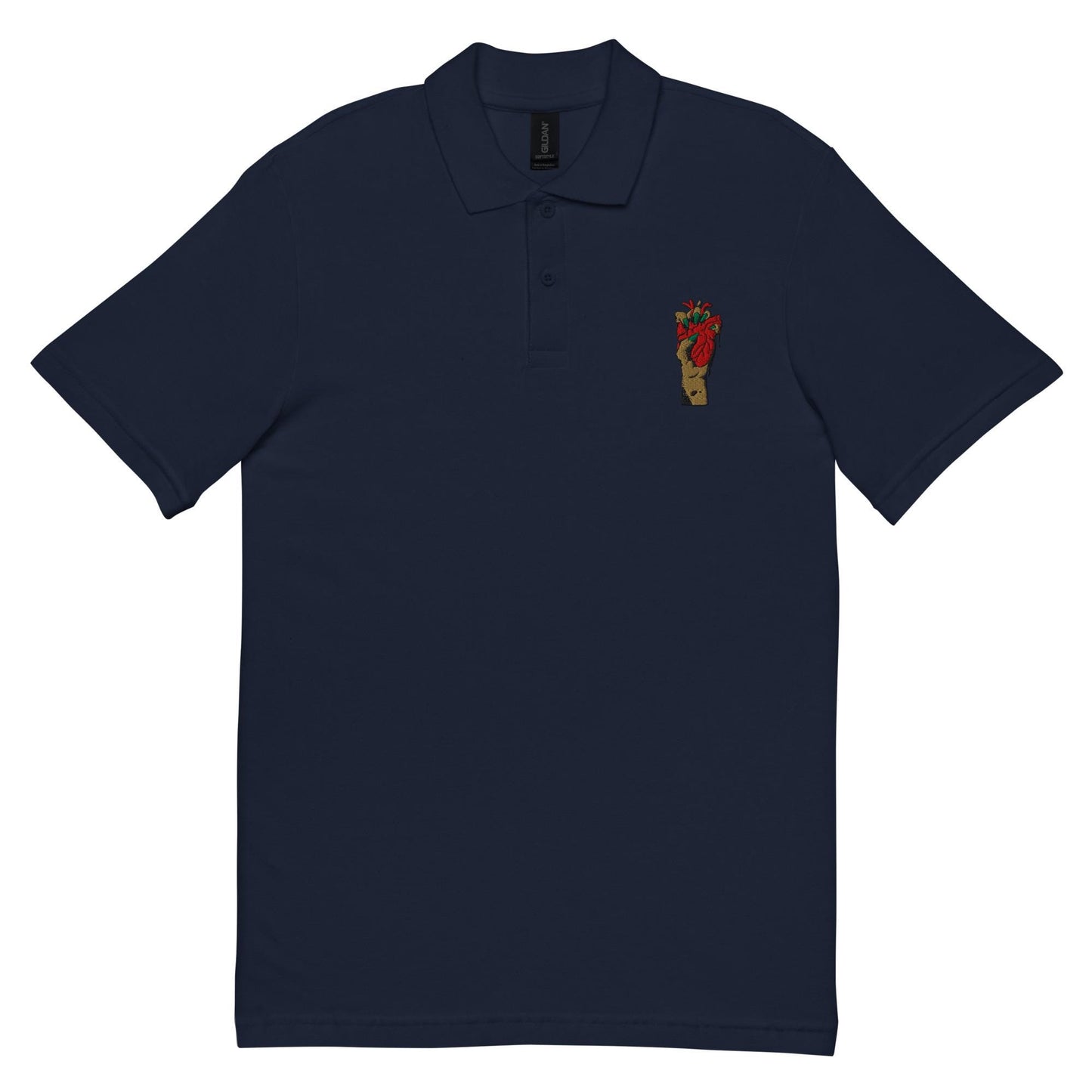 Polo homme 100% coton piqué – vue de face, motif brodé - coeur deja pris - bleu marine