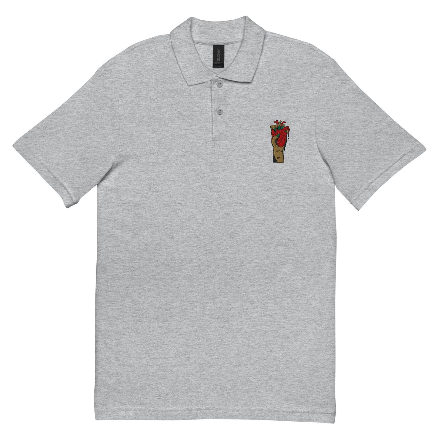Polo homme 100% coton piqué – vue de face, motif brodé - coeur deja pris - gris