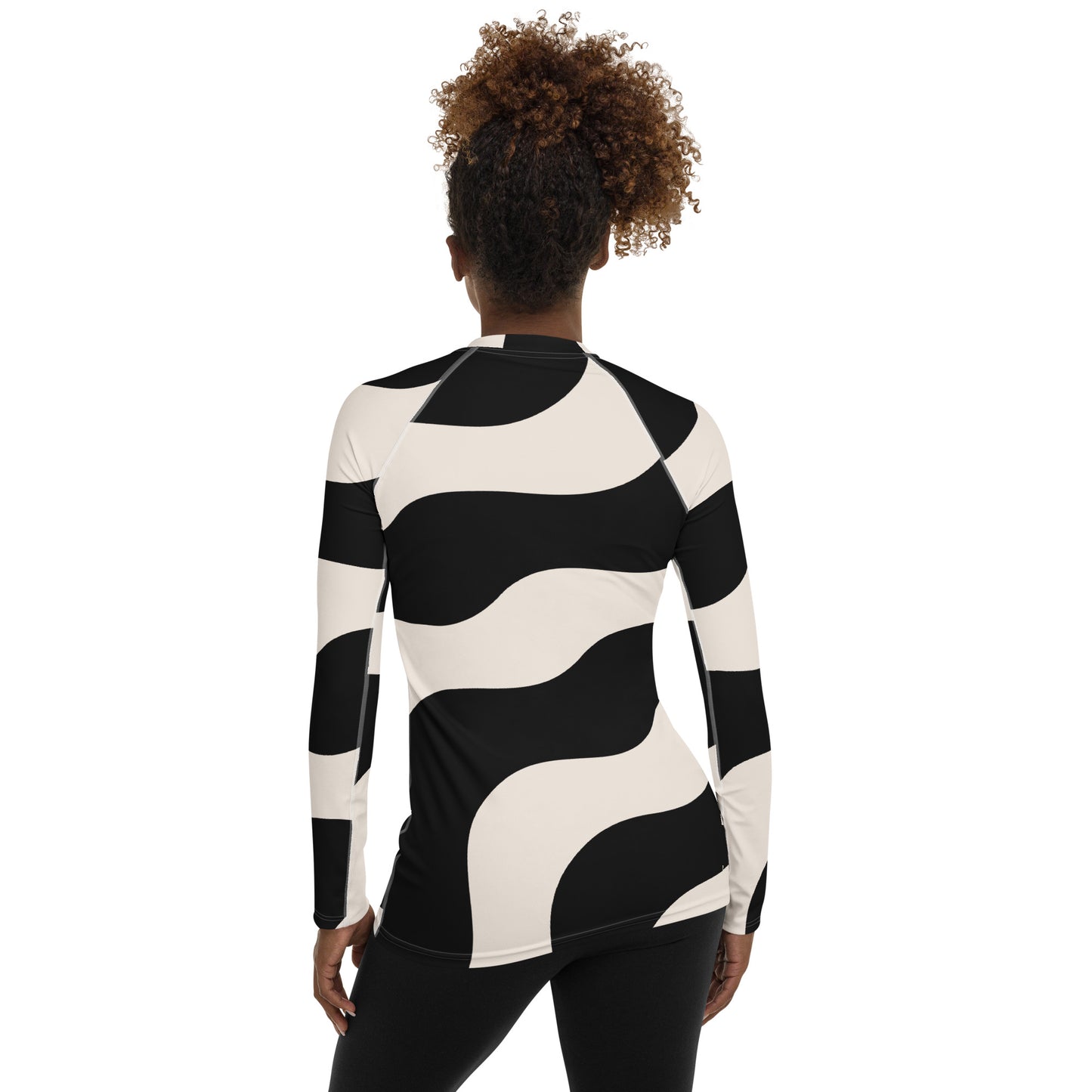Rash guard femme - beige et noir graphique à ondulations graphique minimaliste – vue de dos, finitions propres