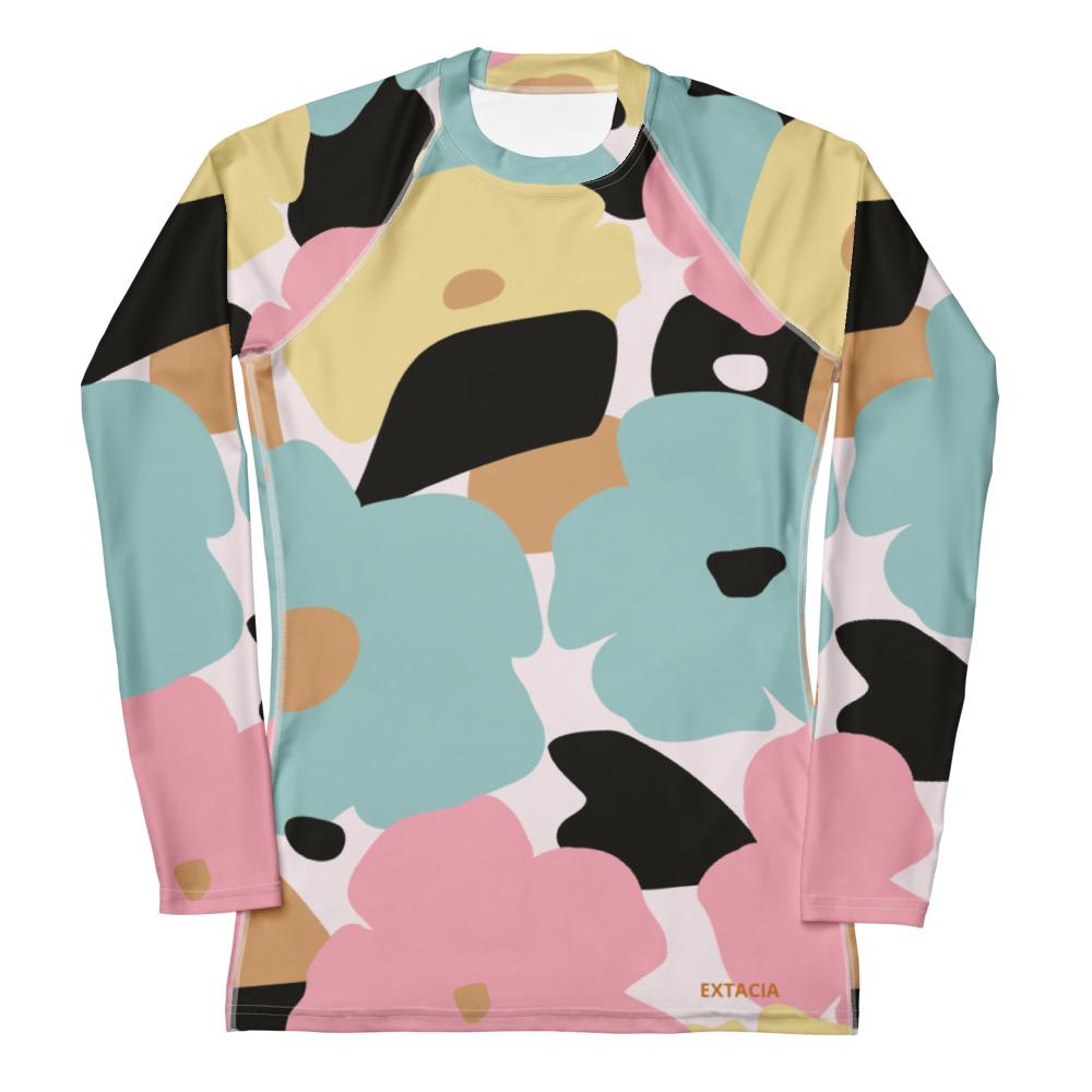 Rash guard femme - fleuri, pastel , nature minimaliste – vue de profil, respirant et **séchage rapide** - Col/poignets/ourlets 
