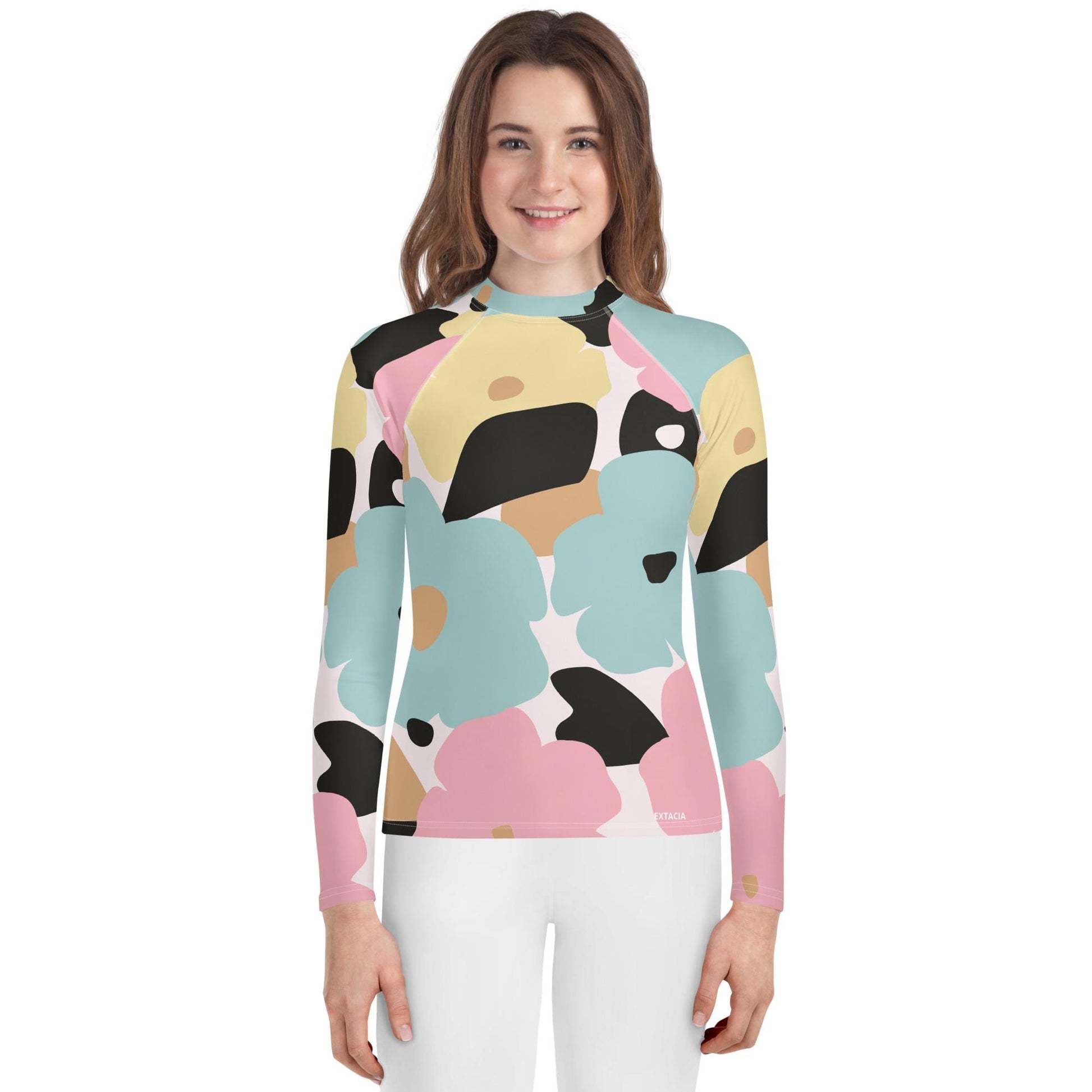 Rash guard fille ado - pastel fleuri  minimaliste – vue de face, compression légère