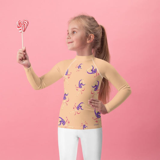 Rash guard petite fille – Saumon motif gymnaste danseuse - vue de face, compression légère