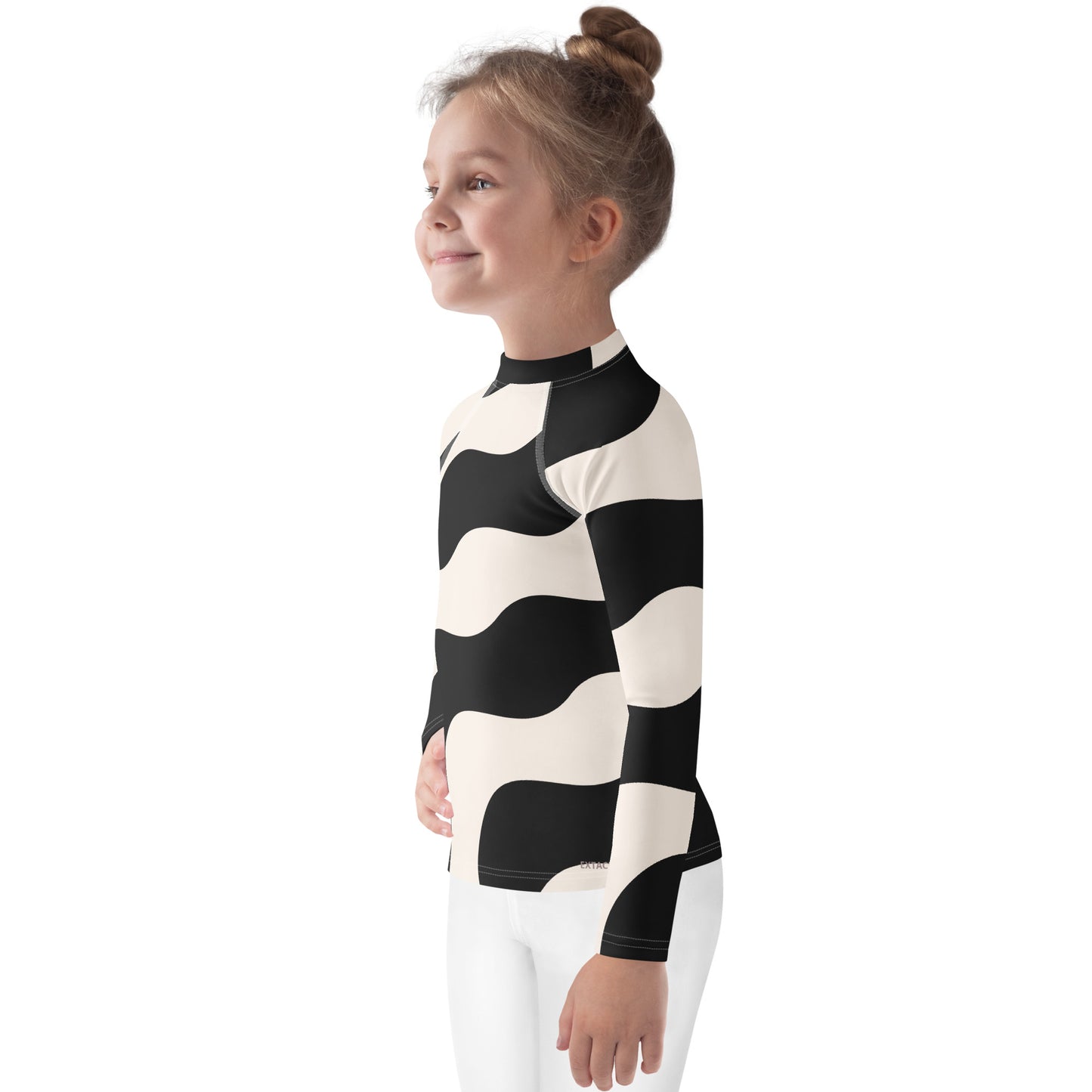 Rash guard petite fille – beige et noir à ondulations graphique minimaliste - vue de profil, respirant et séchage rapide