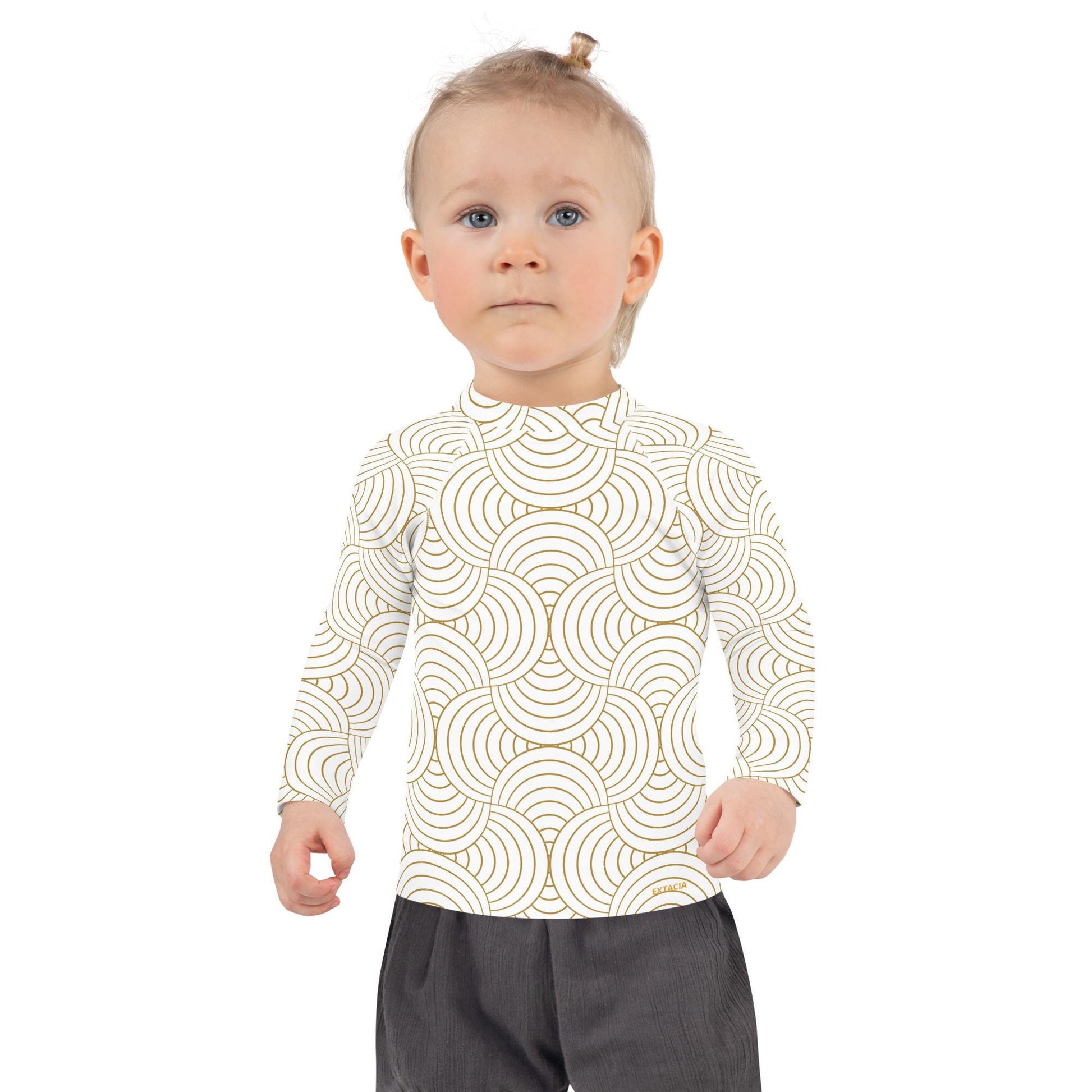 Rash guard petite fille – blanc et or motif graphique minimaliste - Détail maille technique, confort sur peau sensible