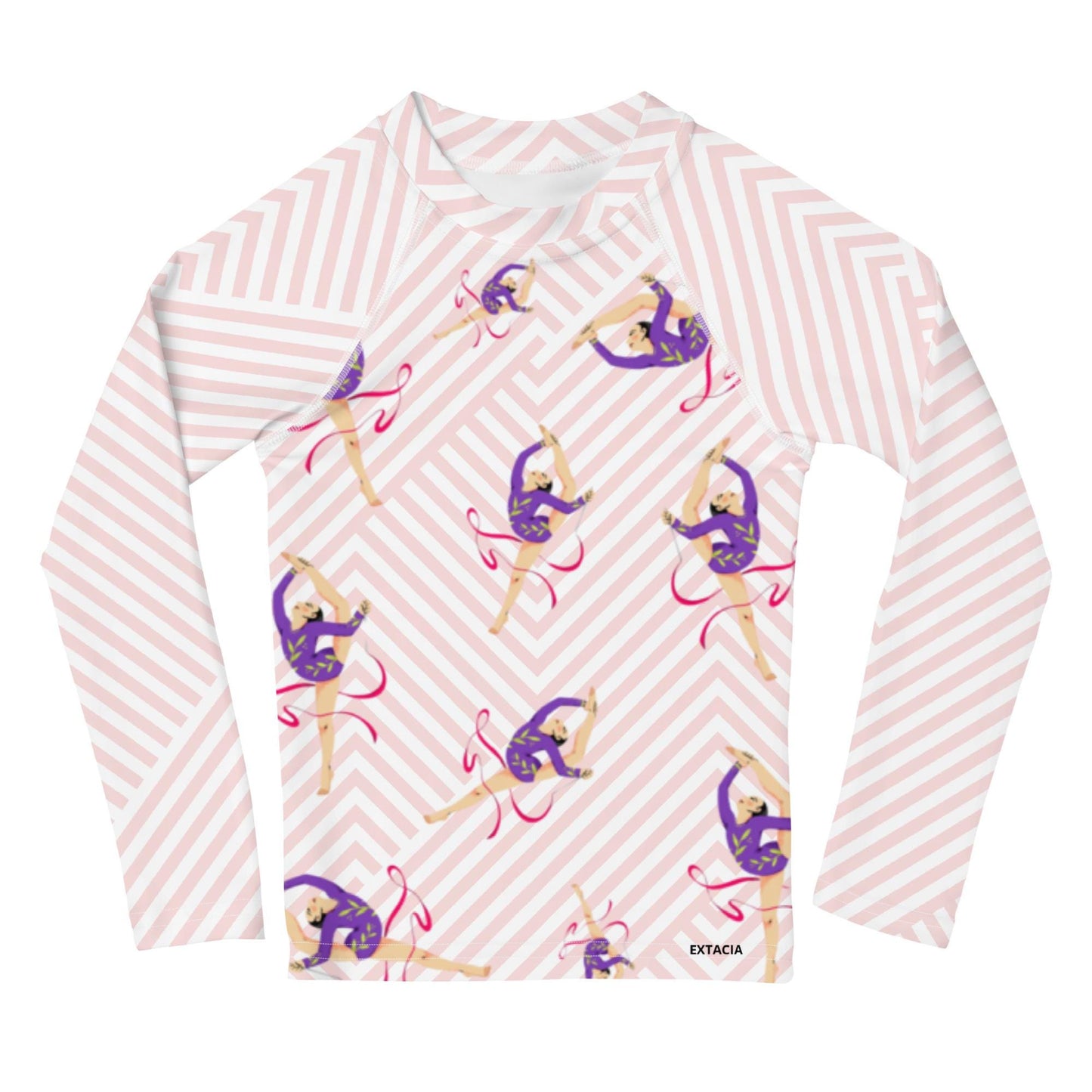 Rash guard petite fille – blanc et rose motif gymnaste danseuse - Col/poignets/ourlets