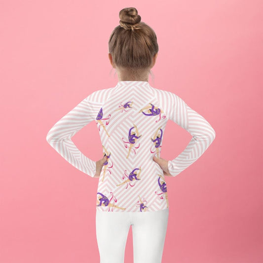 Rash guard petite fille – blanc et rose motif gymnaste danseuse - vue de dos, finitions propres