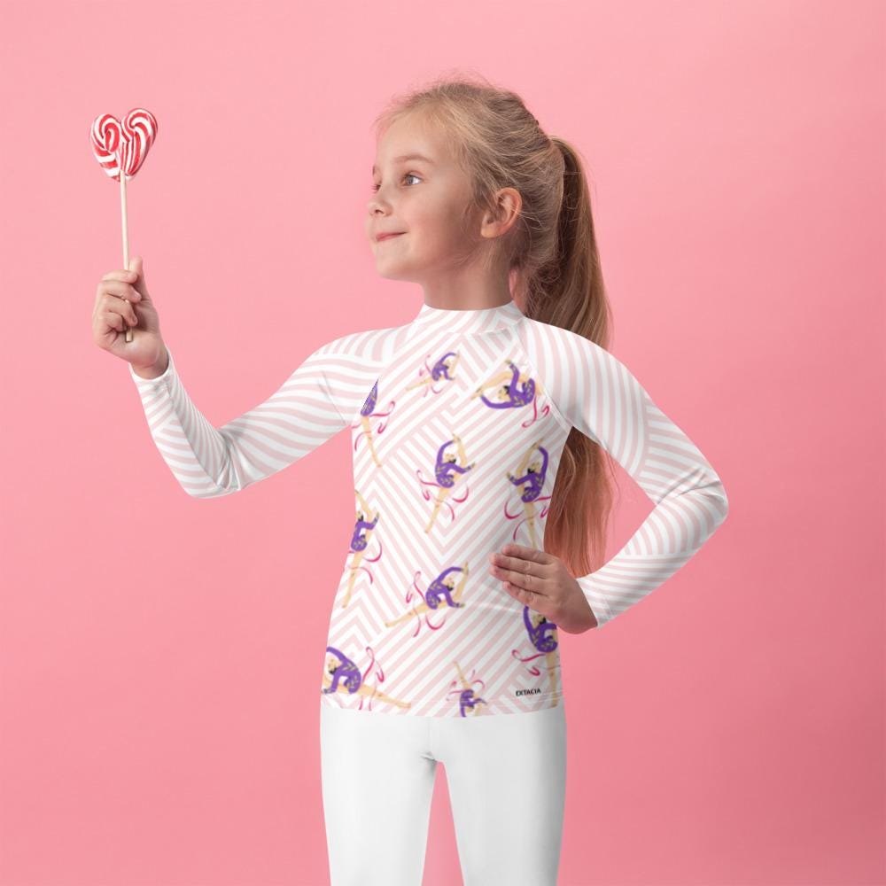 Rash guard petite fille – blanc et rose motif gymnaste danseuse - vue de face, compression légère