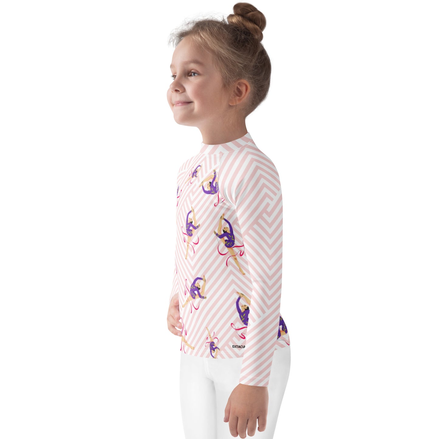 Rash guard petite fille – blanc et rose motif gymnaste danseuse -  vue de profil, respirant et séchage rapide