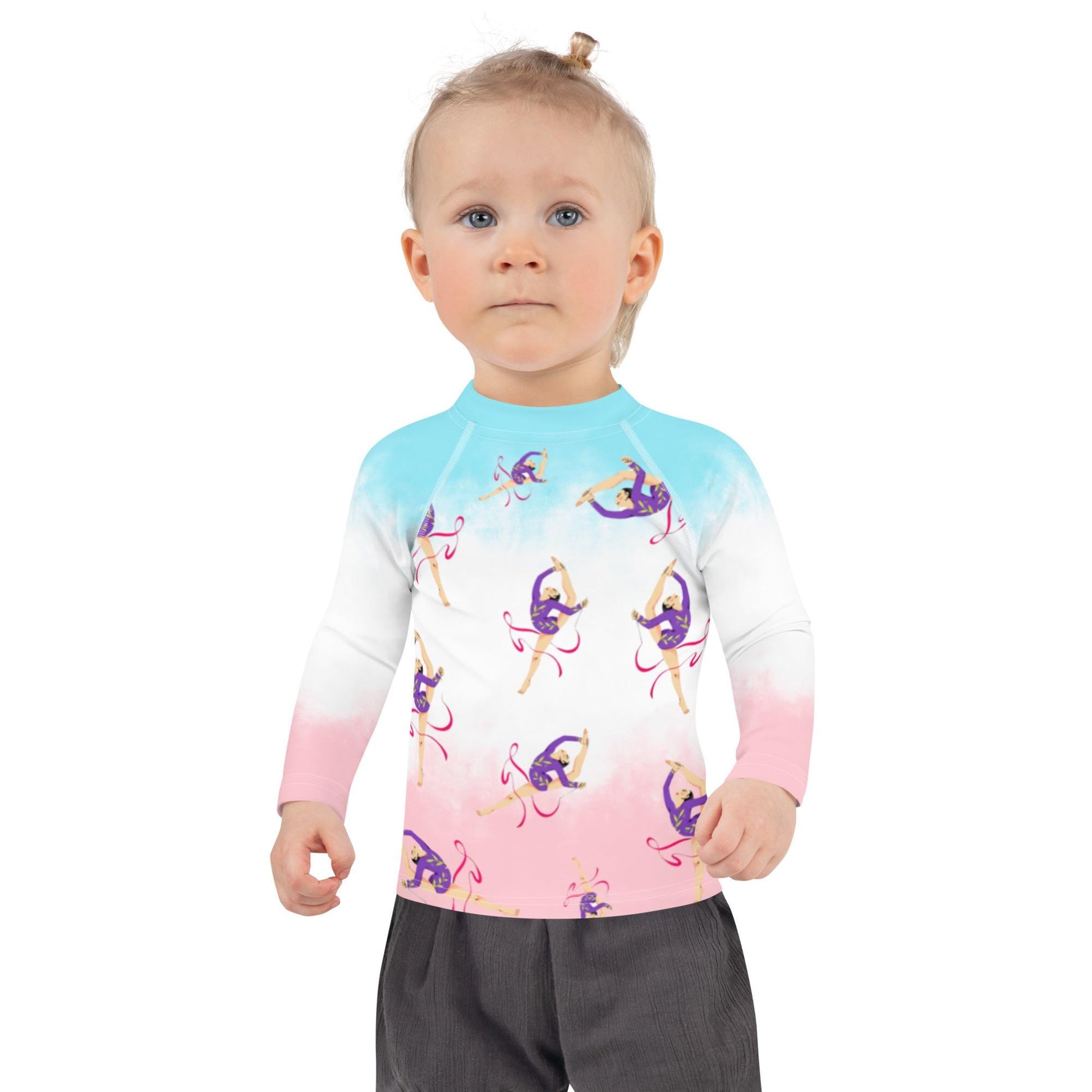 Rash guard petite fille – dégradé bleu blanc rosé - motif gymnaste danseuse - Détail maille technique, confort sur peau sensible