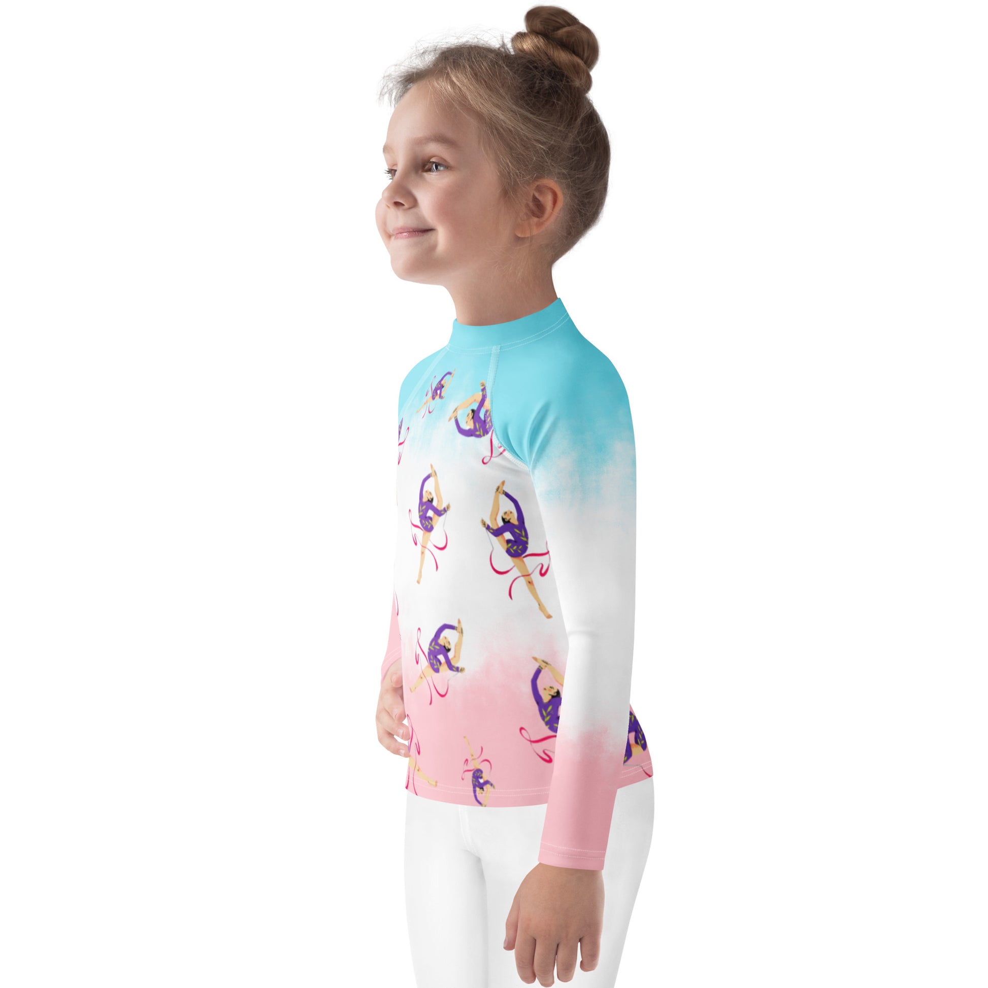 Rash guard petite fille – dégradé bleu blanc rosé - motif gymnaste danseuse - Porté piscine/plage – vue de profil, respirant et séchage rapide