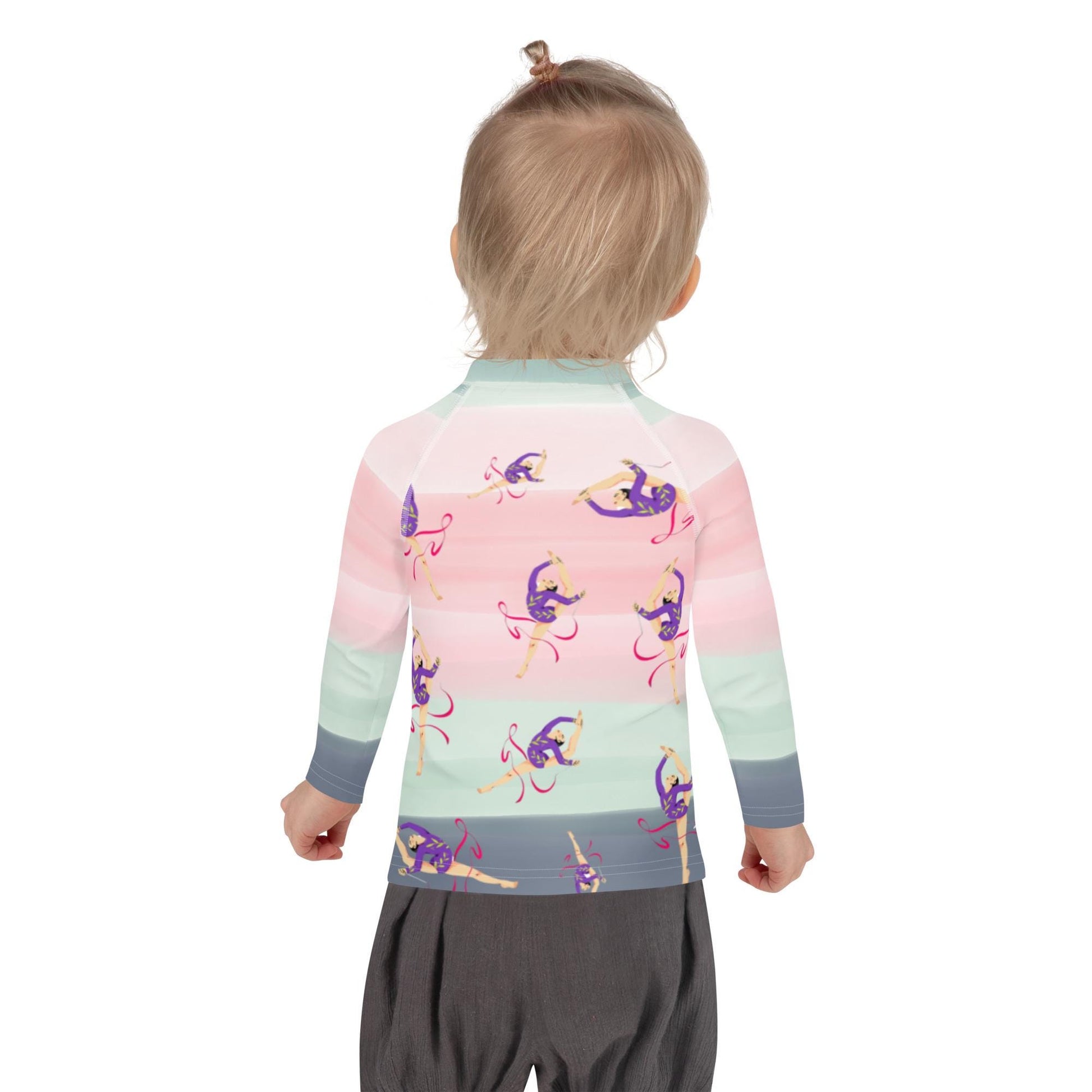 Rash guard petite fille – dégradé rose kaki, motif gymnaste danseuse - Porté piscine/plage – mouvement libre, tenue stable
