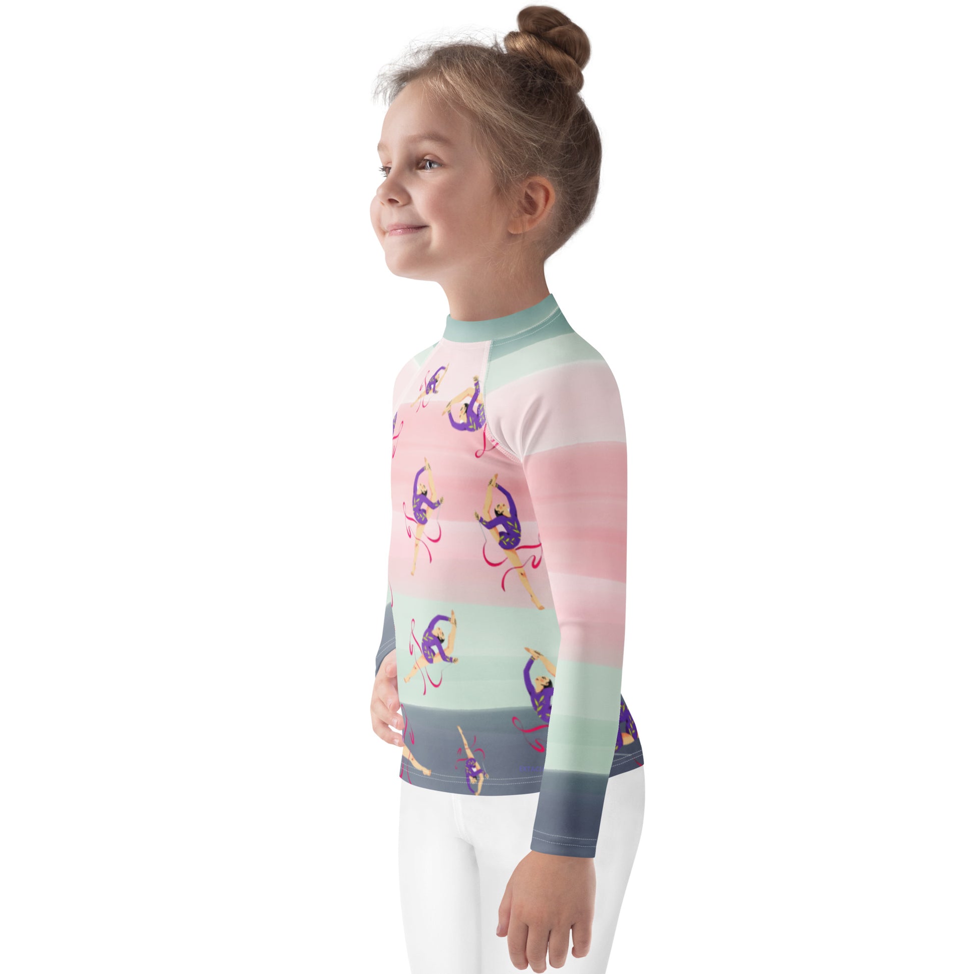 Rash guard petite fille – dégradé rose kaki, motif gymnaste danseuse - vue de profil, respirant et séchage rapide