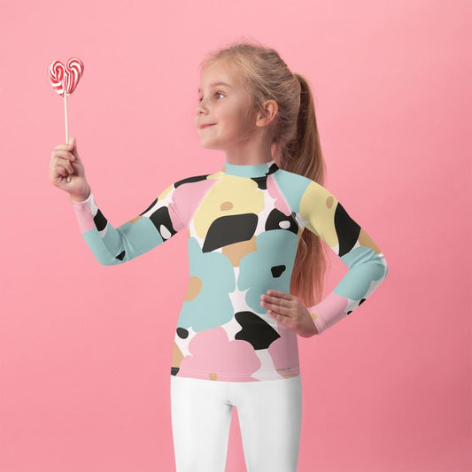 Rash guard petite fille – fleuri pastel nature minimaliste - vue de face, compression légère