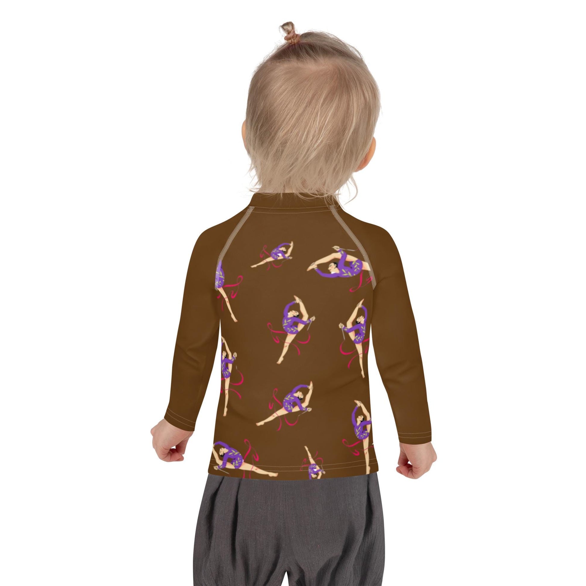 Rash guard petite fille – marron, motif gymnaste danseuse - Porté piscine/plage – mouvement libre, tenue stable