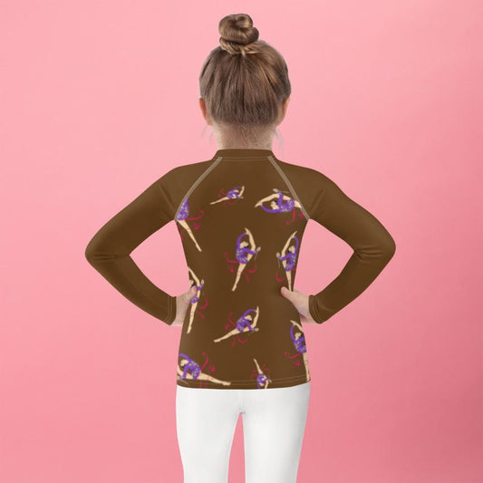 Rash guard petite fille – marron, motif gymnaste danseuse - vue de dos, finitions propres