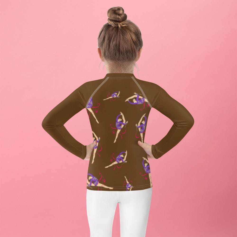 Rash guard petite fille – marron, motif gymnaste danseuse - vue de dos, finitions propres