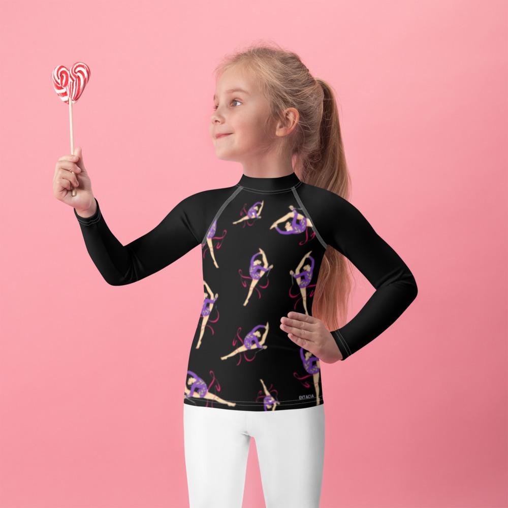 Rash guard petite fille – noir motif gymnaste danseuse - vue de face, compression légère