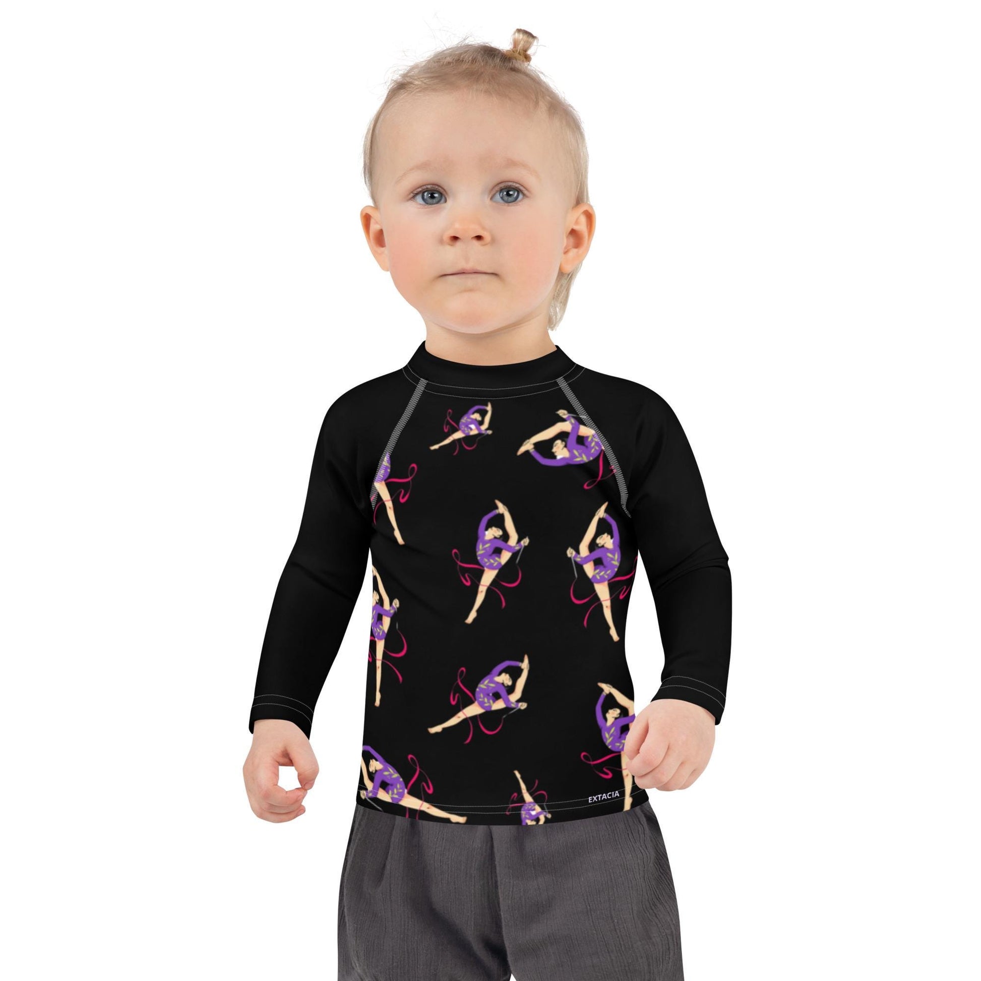 Rash guard petite fille – noir motif gymnaste danseuse – Détail maille technique, confort sur peau sensible