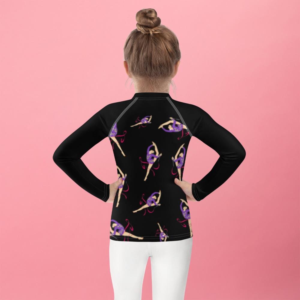 Rash guard petite fille – noir motif gymnaste danseuse – vue de dos, finitions propres