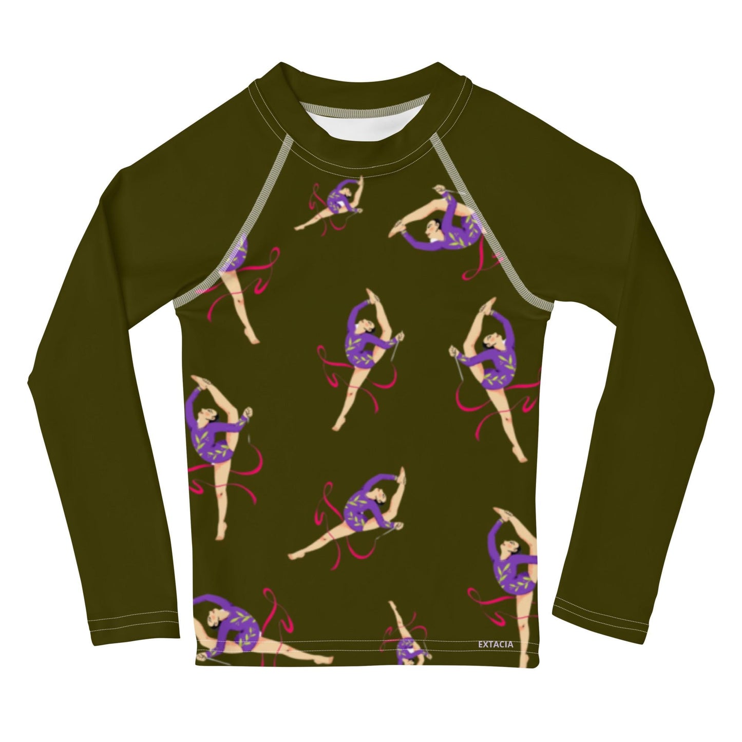 Rash guard petite fille – vert militaire motif gymnaste danseuse – Col/poignets/ourlets