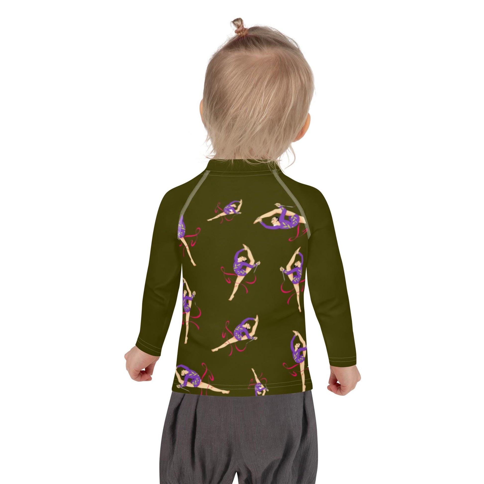 Rash guard petite fille – vert militaire motif gymnaste danseuse – Porté piscine/plage – mouvement libre, tenue stable