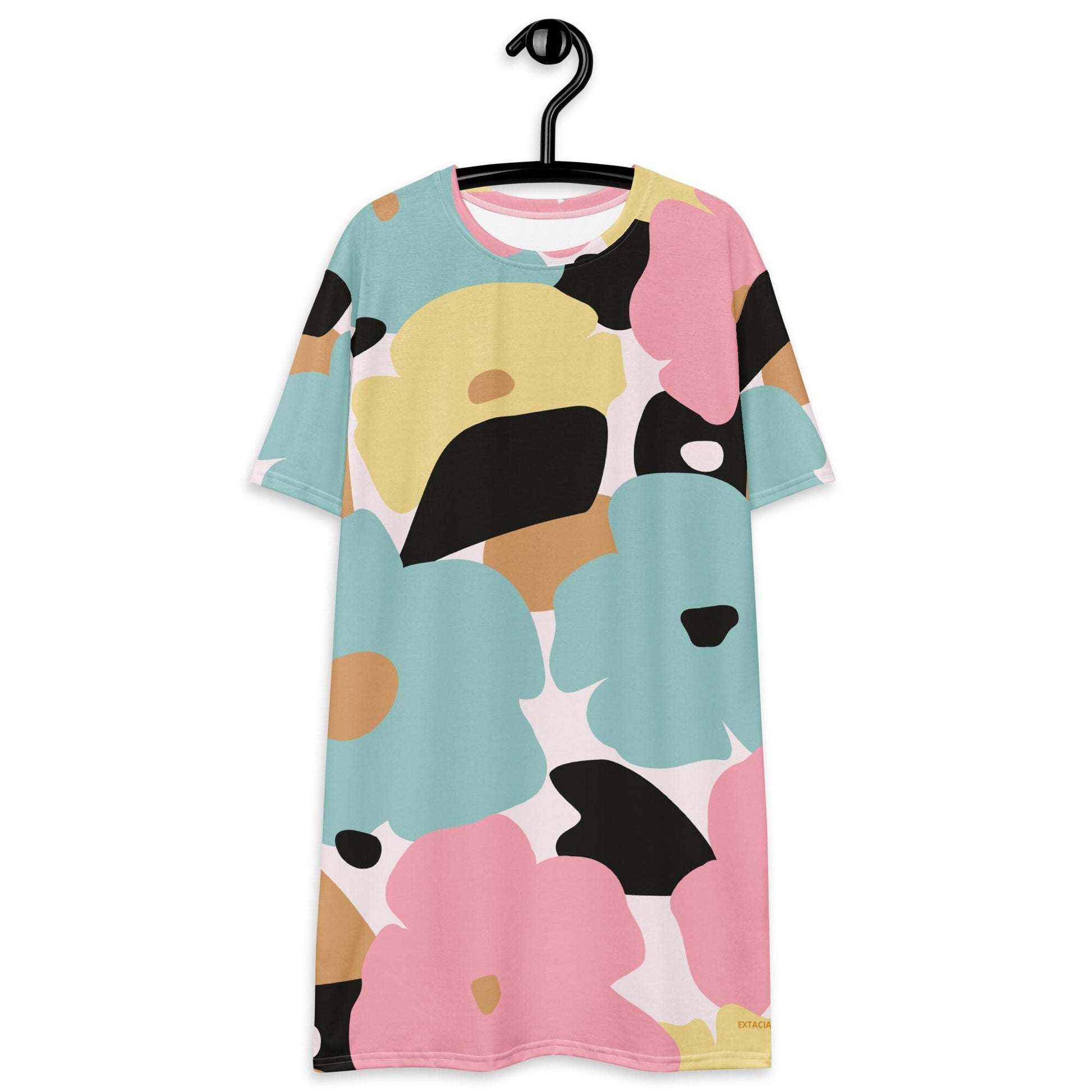 Robe t-shirt femme fleuri, pastel nature minimaliste - polyester recyclé – Détail tissu recyclé – texture douce et durable ExtaciaFrance