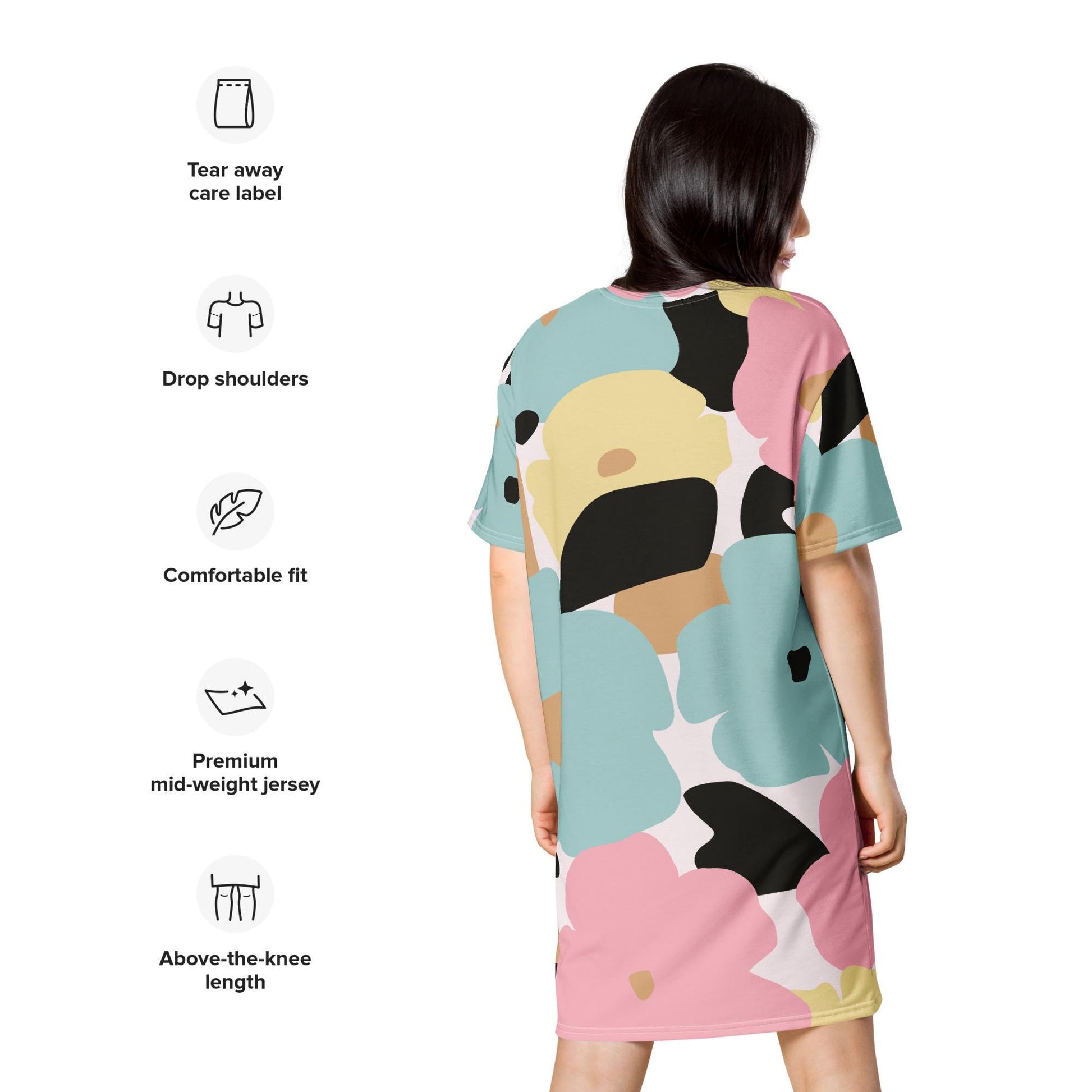 Robe t-shirt femme fleuri, pastel nature minimaliste - polyester recyclé – dos, ourlets nets et finitions soignées
