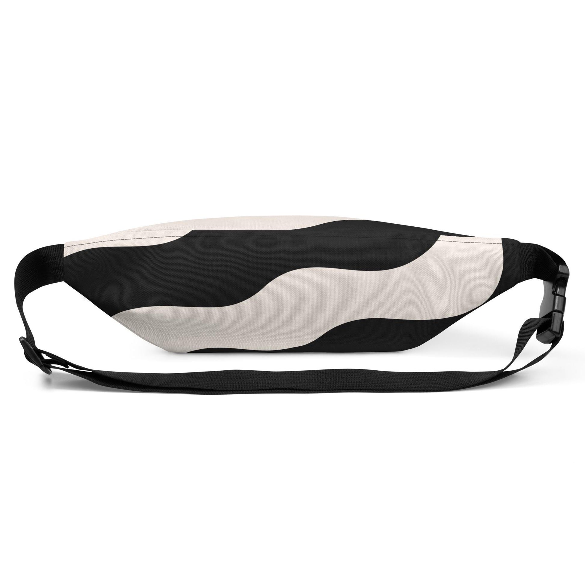 Sac banane beige et noir à ondulations graphique  minimaliste unisexe mode – porté taille ou en bandoulière ExtaciaFrance