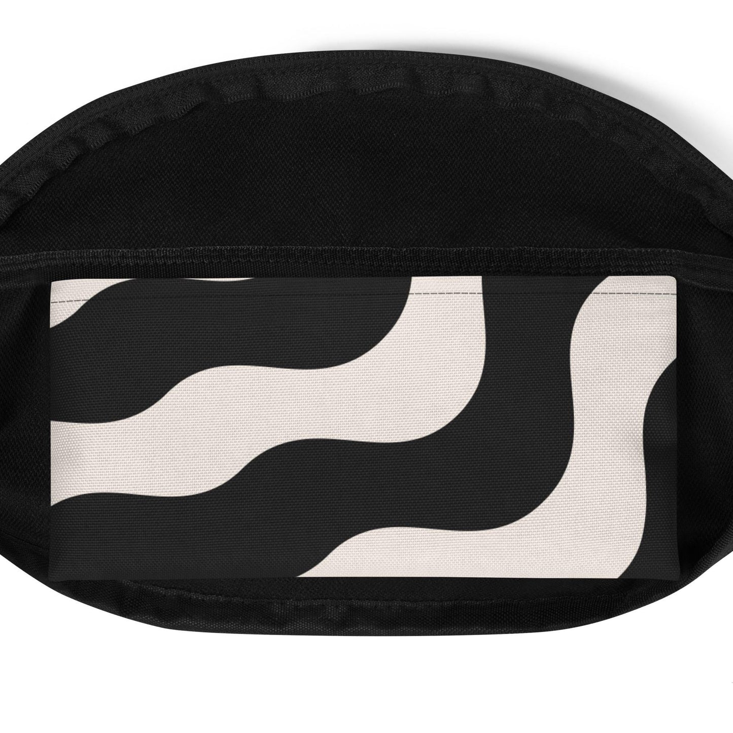 Sac banane beige et noir à ondulations graphique  minimaliste unisexe mode – usage voyage ou sortie – style pratique et chic