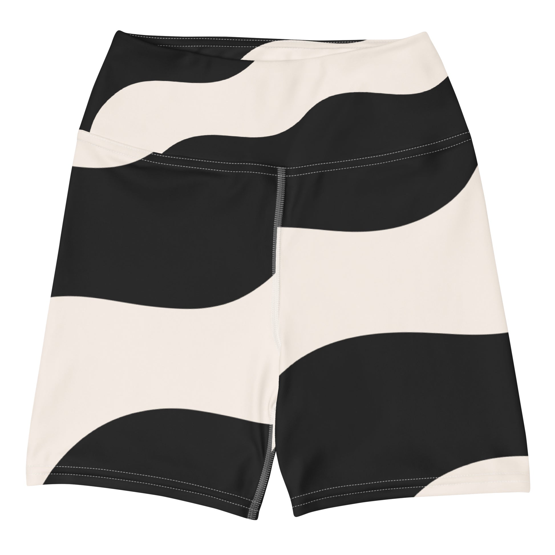Short legging de yoga femme - beige et noir graphique à ondulations, minimaliste - Ceinture et coutures, short