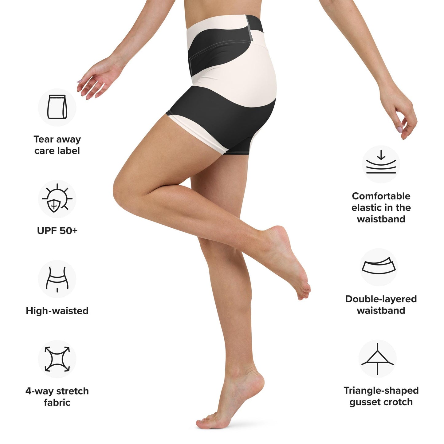 Short legging de yoga femme - beige et noir graphique à ondulations, minimaliste - vue de profil, matière **stretch** et maintien