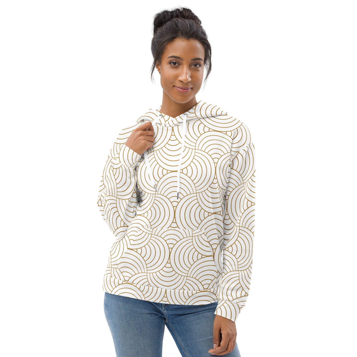 Sweat à capuche femme – polyester recyclé, vue de face - blanc et or - graphique minimaliste