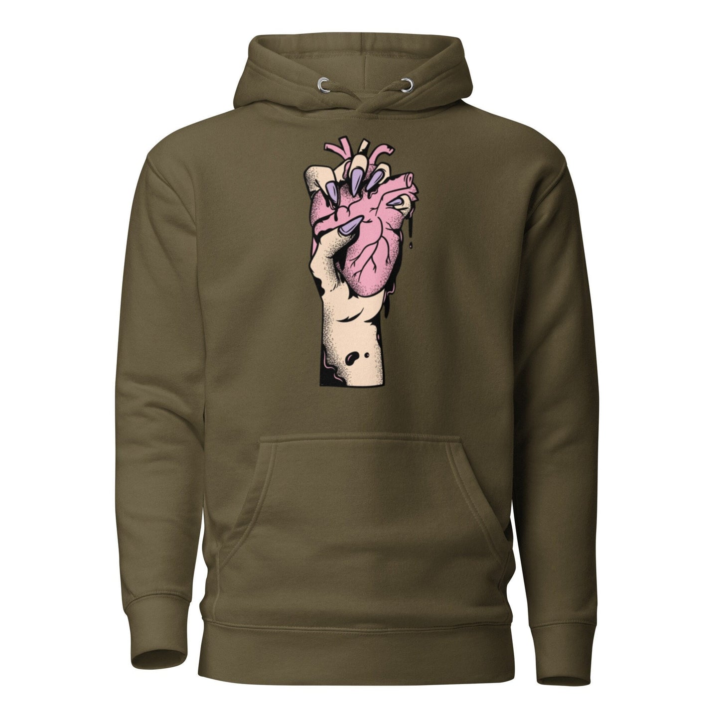 Sweat à capuche homme - 100 % coton – vue de face, coupe confortable - kaki  – Coeur déjà pris, rose 