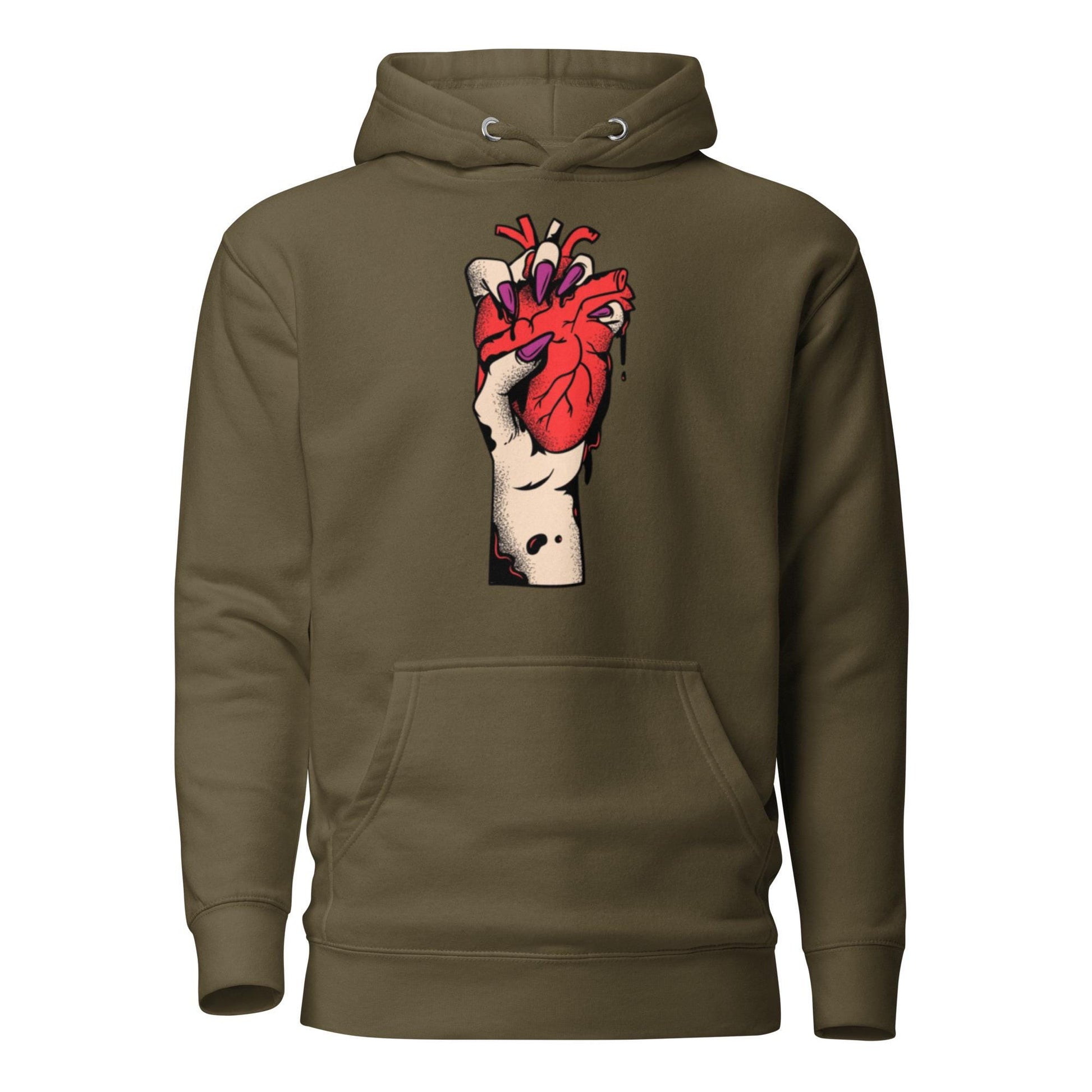 Sweat à capuche homme - 100 % coton – vue de face, coupe confortable - kaki  – Coeur déjà pris, rouge 