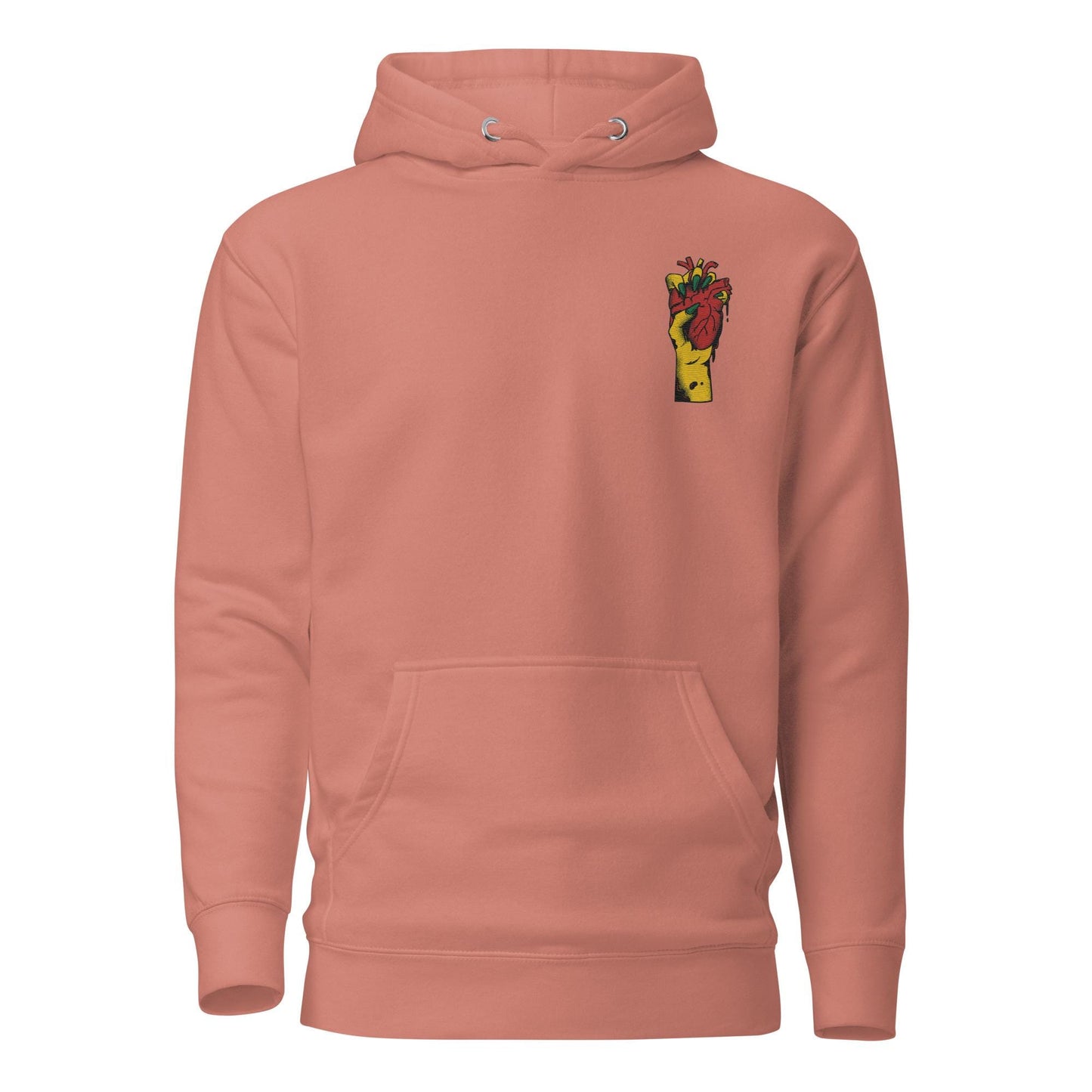 Sweat à capuche homme  100 % coton – vue de face, coupe confortable  - saumon   – Coeur déjà pris, rouge - motif brodé
