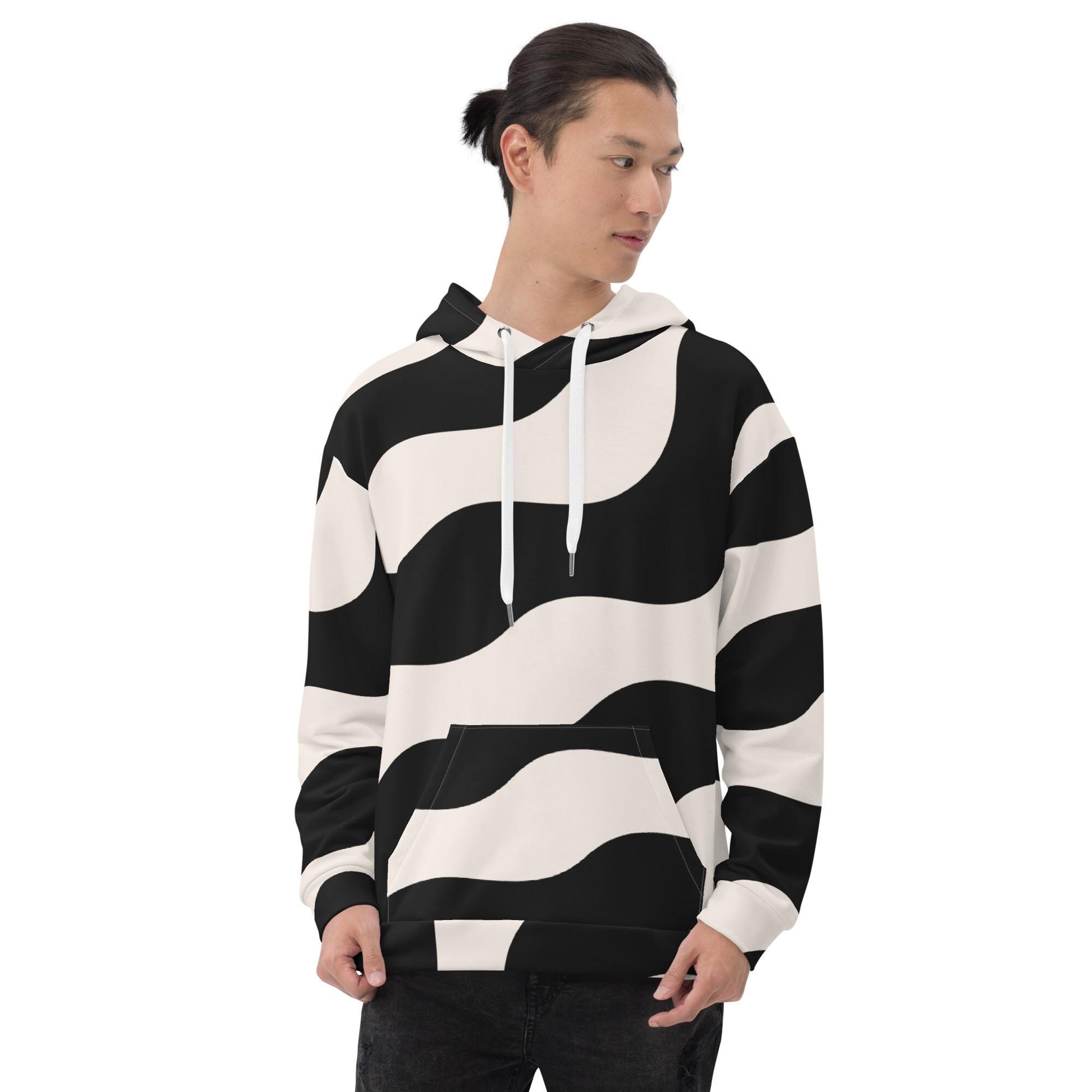 Sweat à capuche homme – polyester recyclé, vue de face - beige et noir - graphique minimaliste